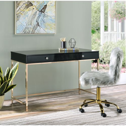 ACME Ottey Writing Desk, Black High Gloss & Gold Finish 93540