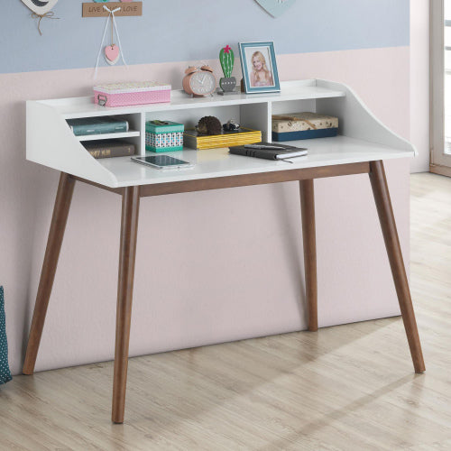 White and Walnut Writing Desk with Tapered Legs