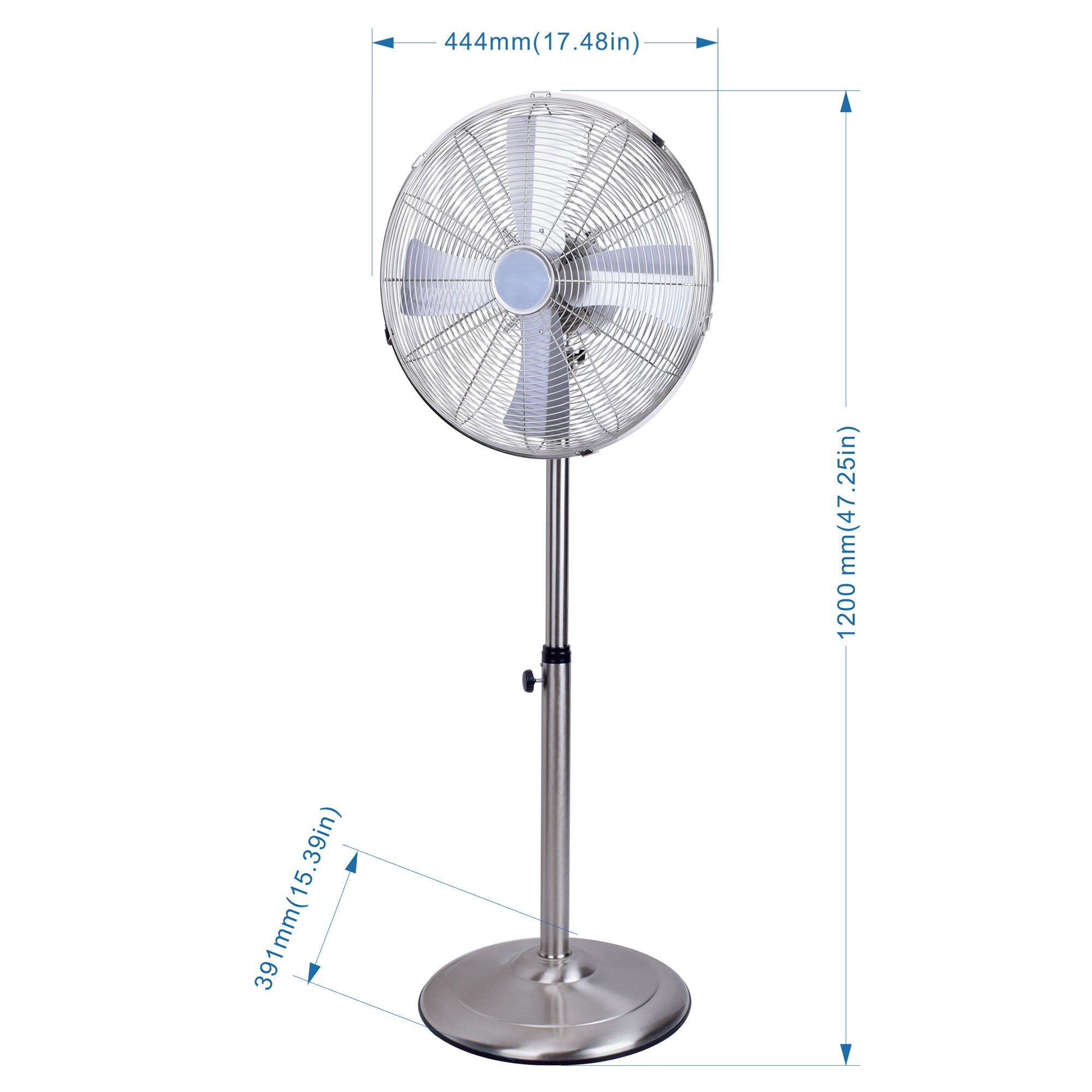 Stand Fan, 4 Blades, Rotary Knob Switch, Oscillation Function, Tilting Angle - Chrome