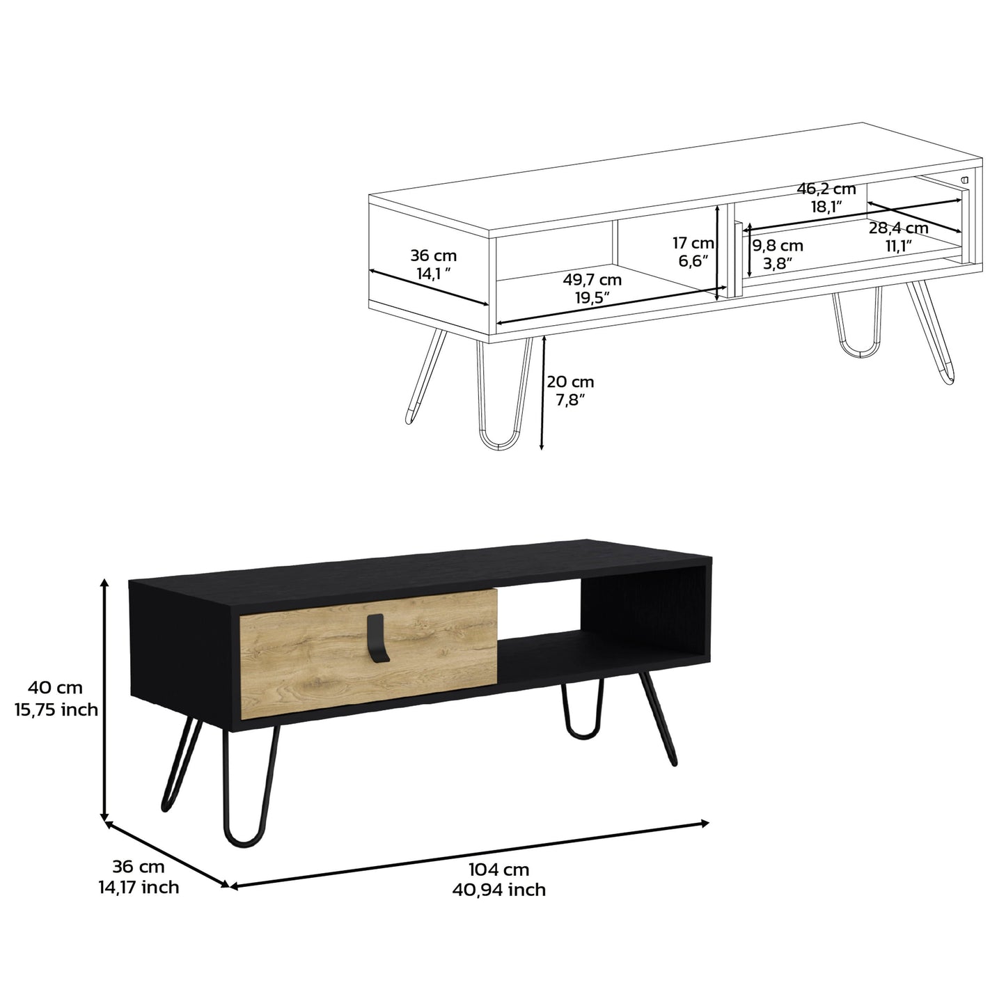 15" H rectangular white / macadamia coffee table, 4 vintage metal legs, 1 vertical divider for designer books, and 1 drawer for storing small things.