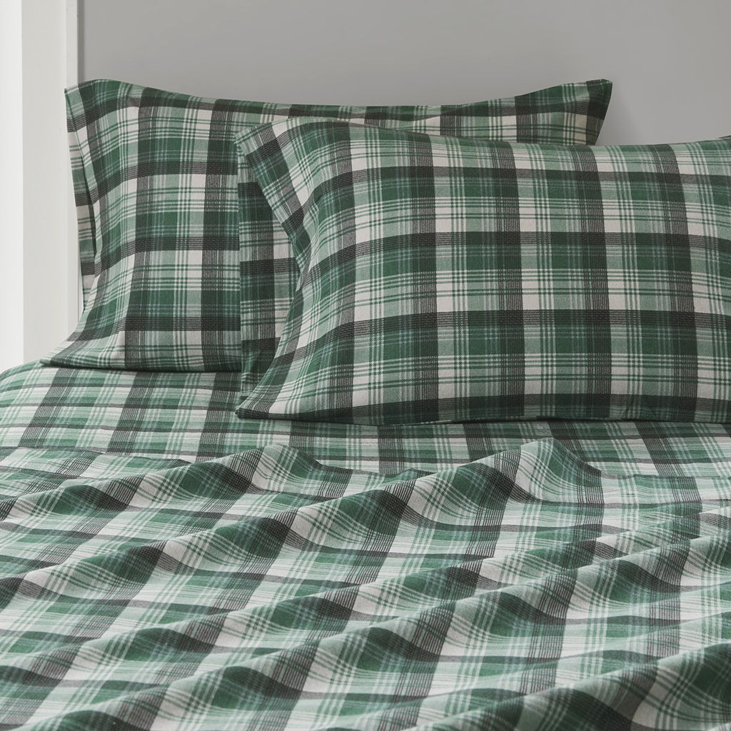 Flannel - 4 Piece Twin Sheet Set - Green Plaid