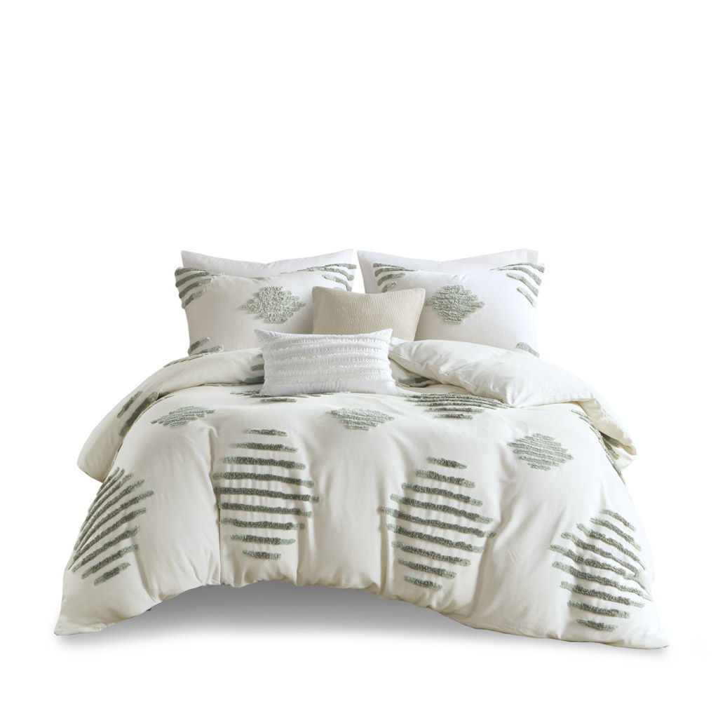 Tahli - 3 Piece Cotton Blend Chenille Duvet Cover Set - Green / Ivory