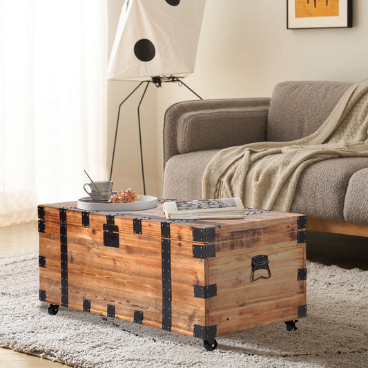 Trunk Table with four wheel Large capacity storage Coffee table, NaturalReclaimed Wood /Black Metal