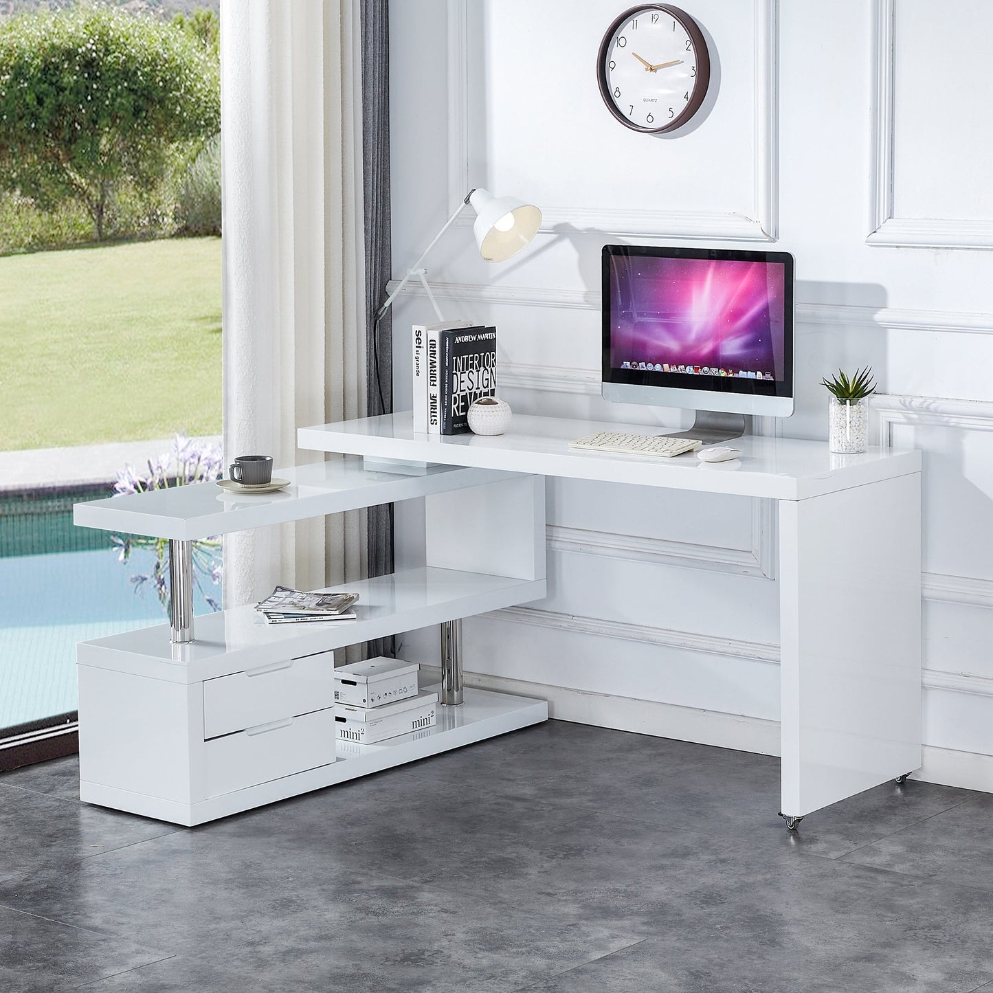 White environmentally friendly high-density board, minimalist corner bookshelf and office desk, desktop computer desk, integrated learning and writing corner desk, simple home.