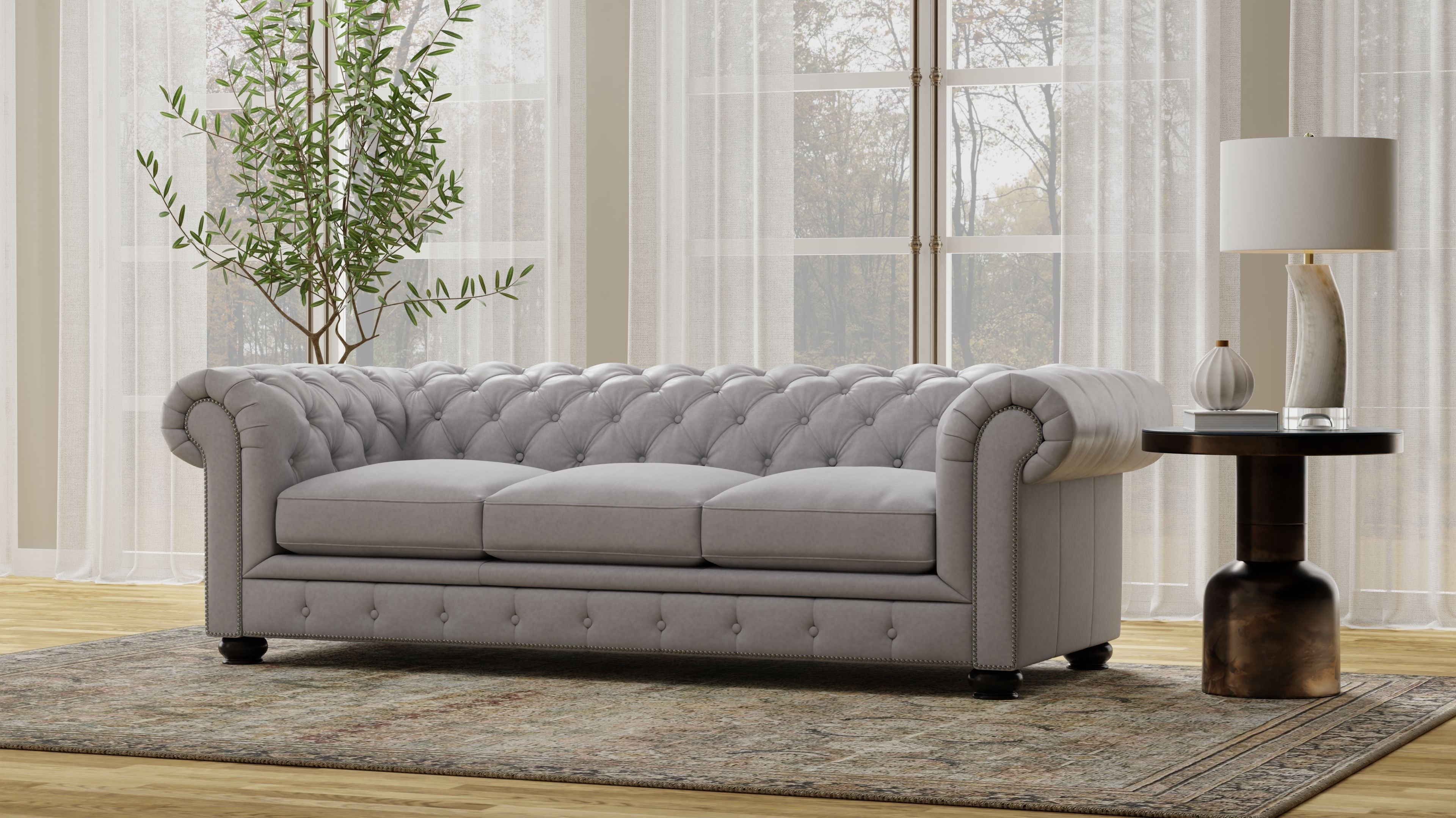 Traditional Tufted Leather Chesterfield Nailhead Sofa