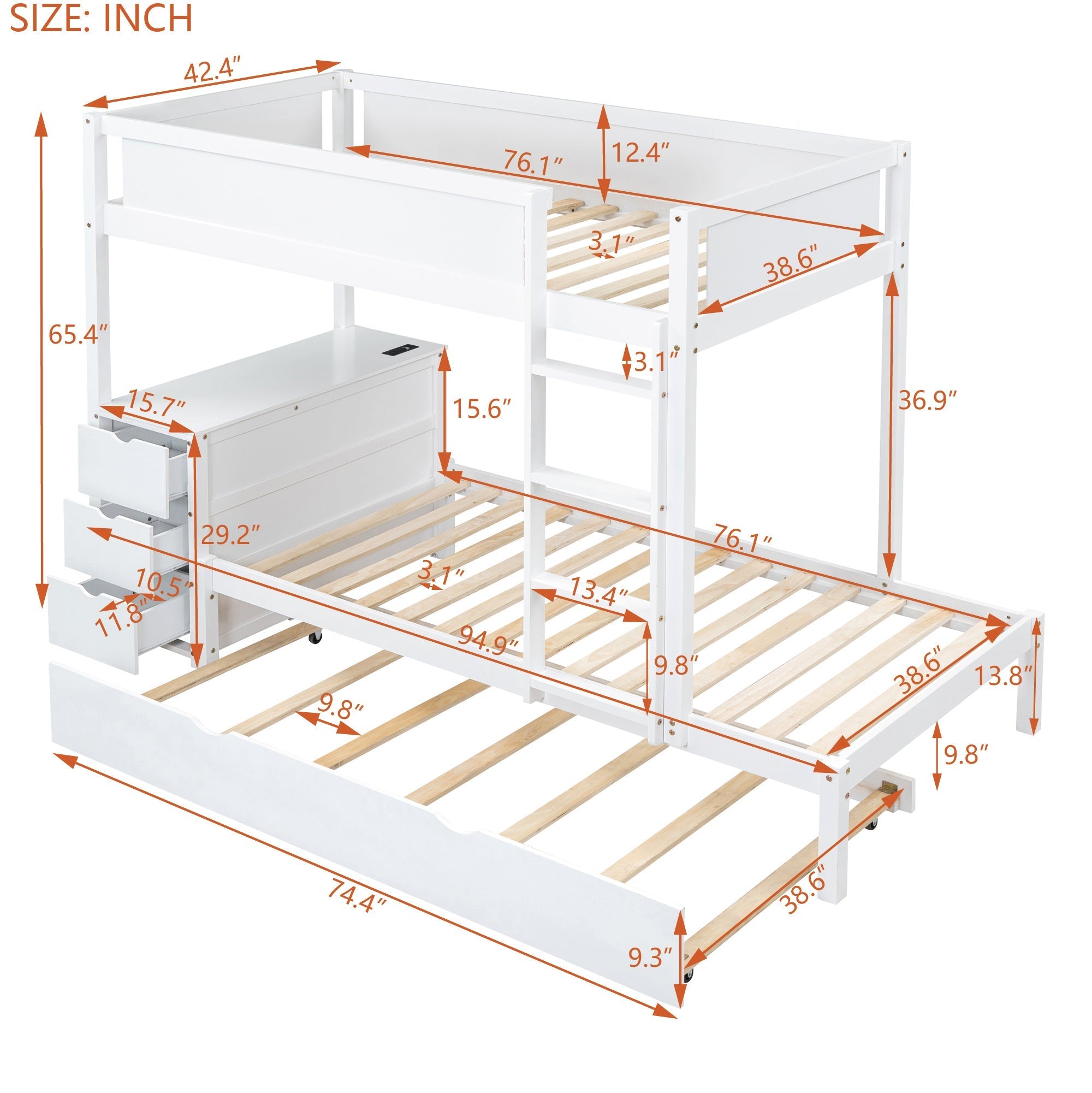 Twin-Over-Twin Bunk Bed with Twin size Trundle, Storage and Desk, White