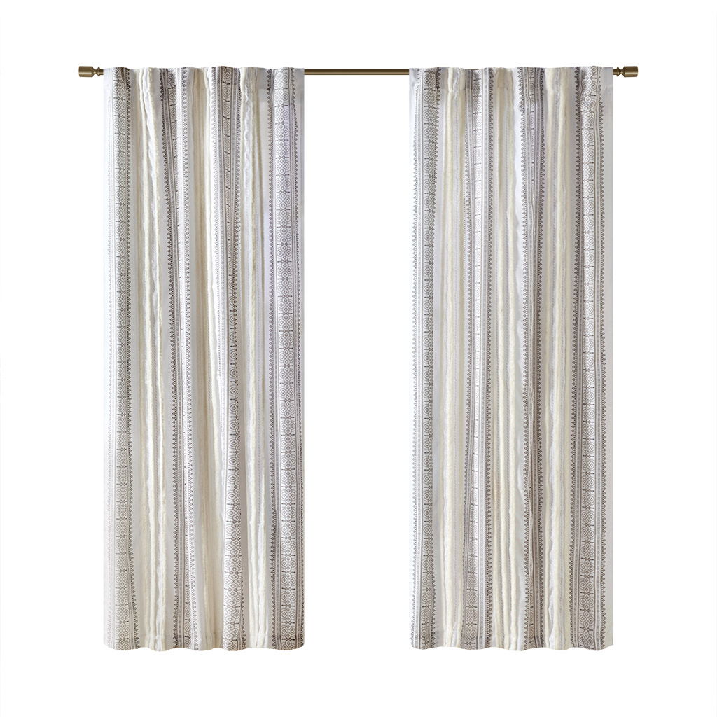 Samara - 50x95" Poly Printed Curtain Panel With Tufted Stripe And Lining - White / Brown
