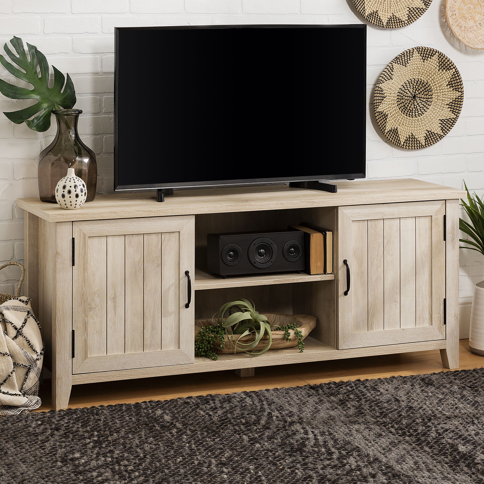 Classic Grooved Door TV Stand For TVs Up To 65" - White Oak