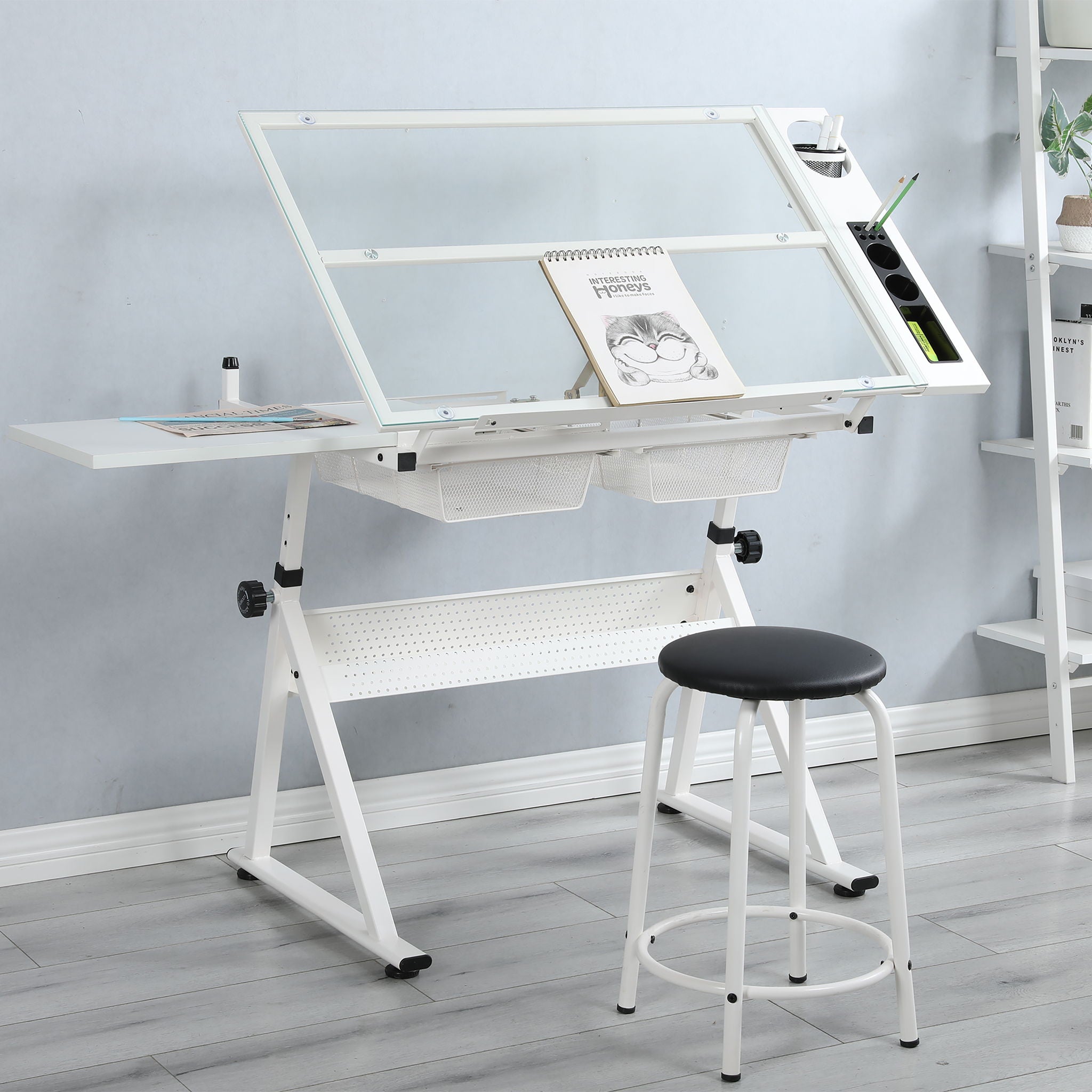 Adjustable Tempered Glass Drafting Printing Table With Chair