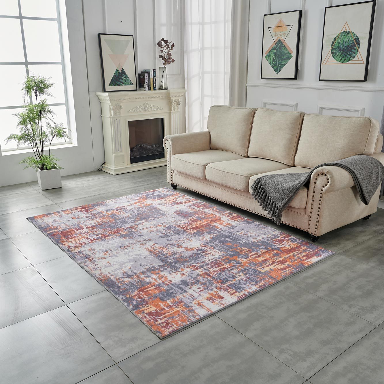 Zara Abstract Design Machine Washable Grey Brown and Rust Area Rug