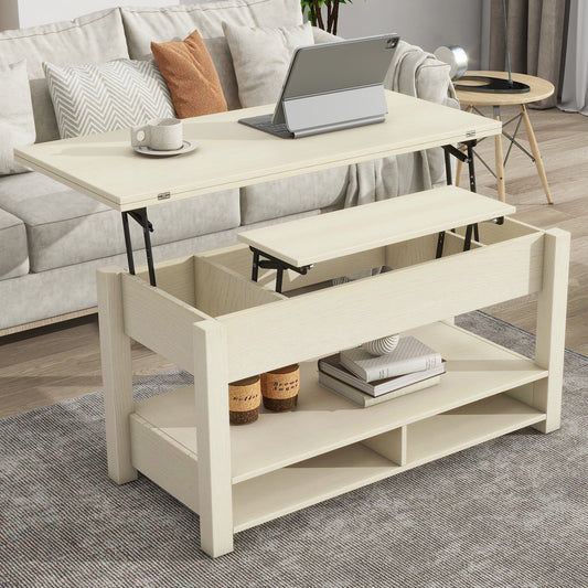 Lift Top Coffee Table, Multi-Functional Coffee Table with Open Shelves, Modern Lift Tabletop Dining Table for Living Room, Home Office, Rustic Ivory