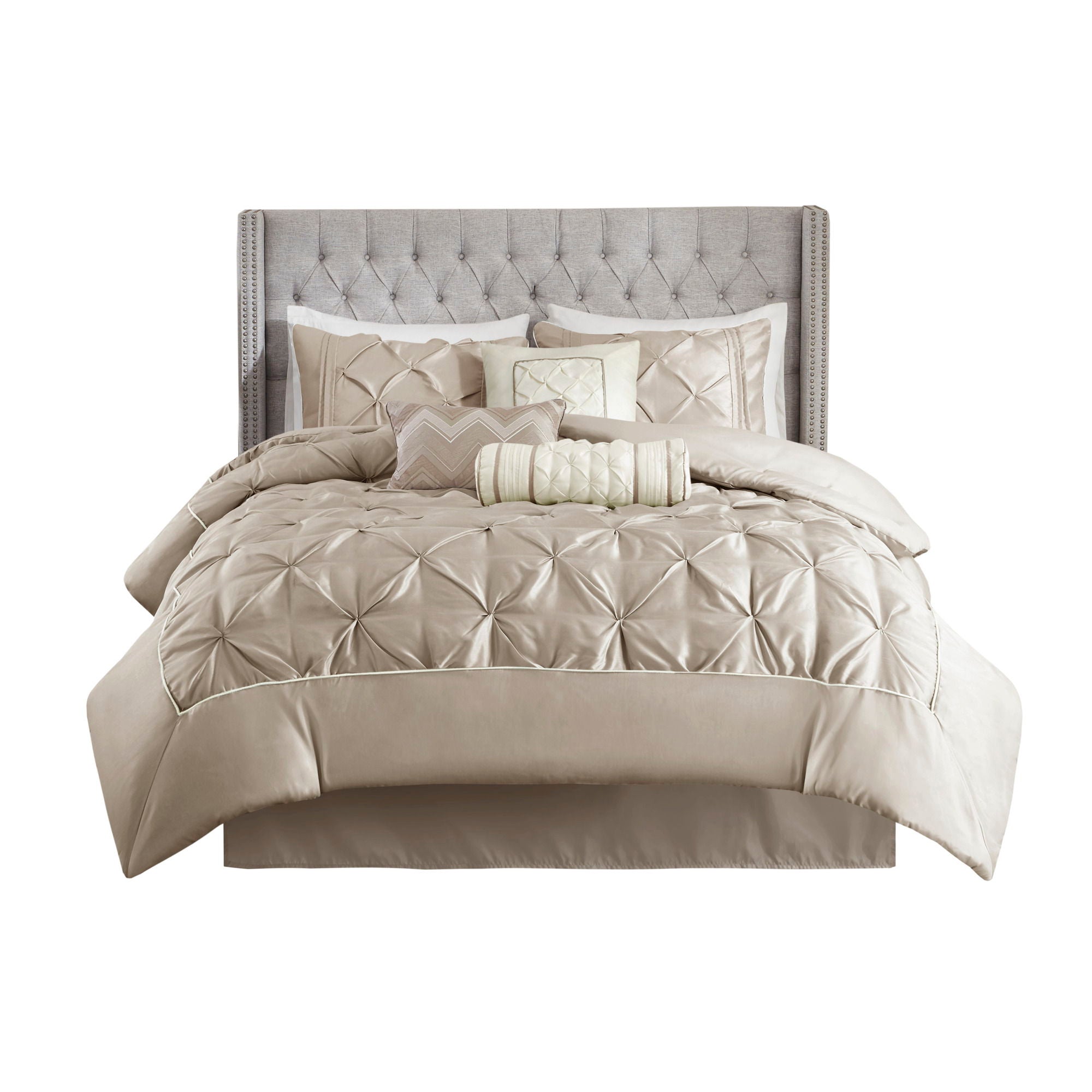 Laurel - Pieced Pleated 7 Piece Tufted Comforter Set - Taupe