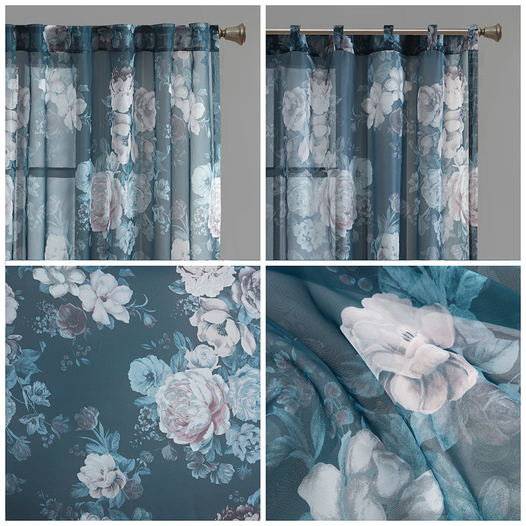 Printed Floral Rod Pocket and Back Tab Voile Sheer Curtain