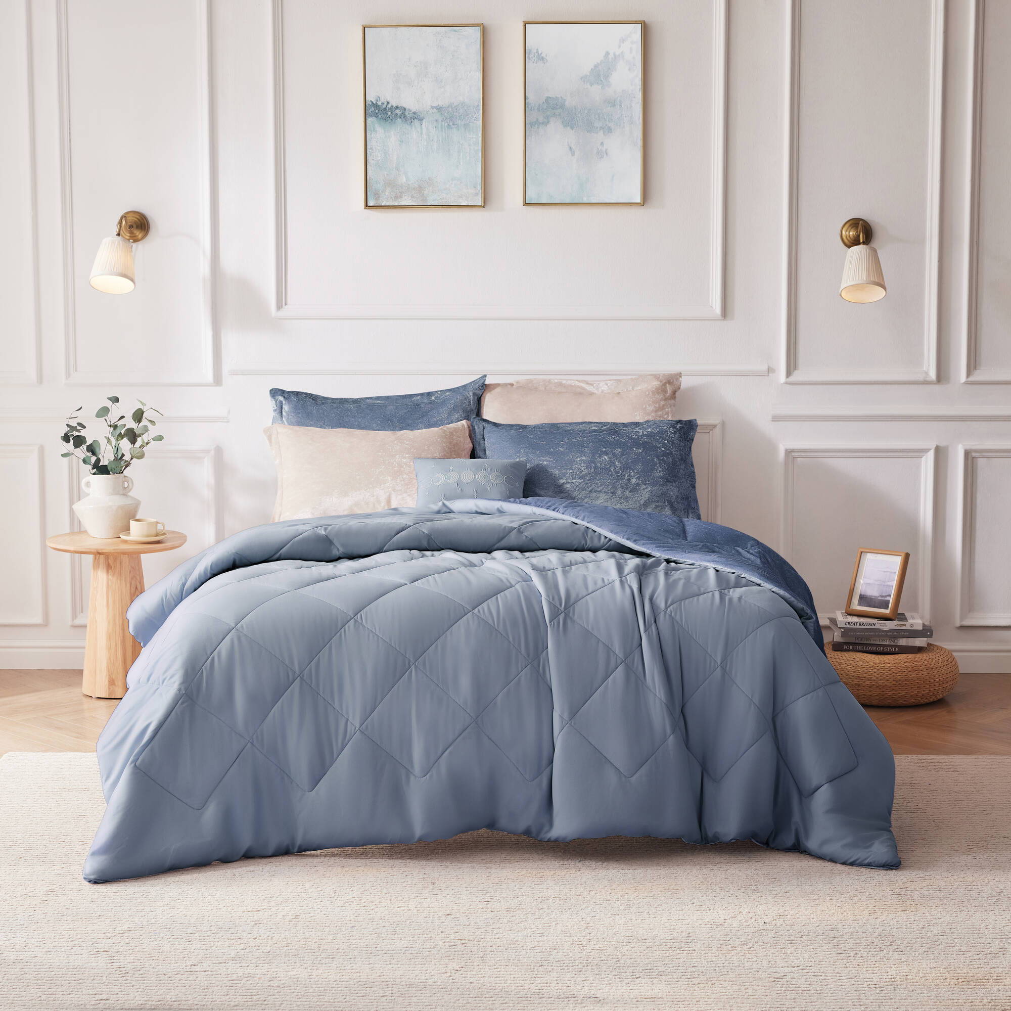 Felicia - Velvet King Comforter Set With Throw Pillow - Blue