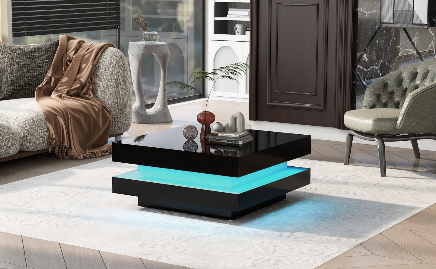 High Gloss Minimalist Design with LED Lights, 2-Tier Square Coffee Table, Center Table for Living Room, 31.5''x31.5''x14.2'',Black