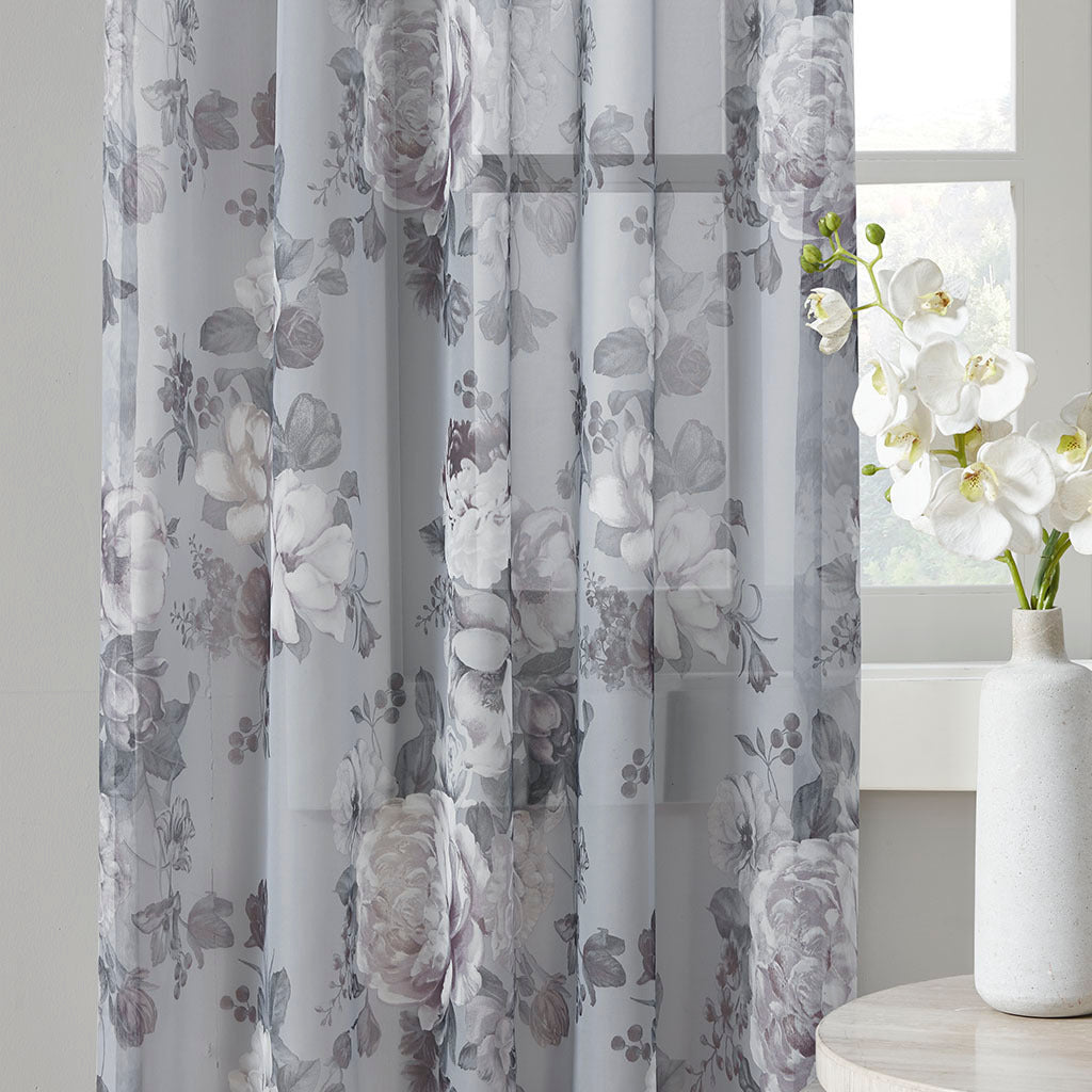 Printed Floral Rod Pocket and Back Tab Voile Sheer Curtain