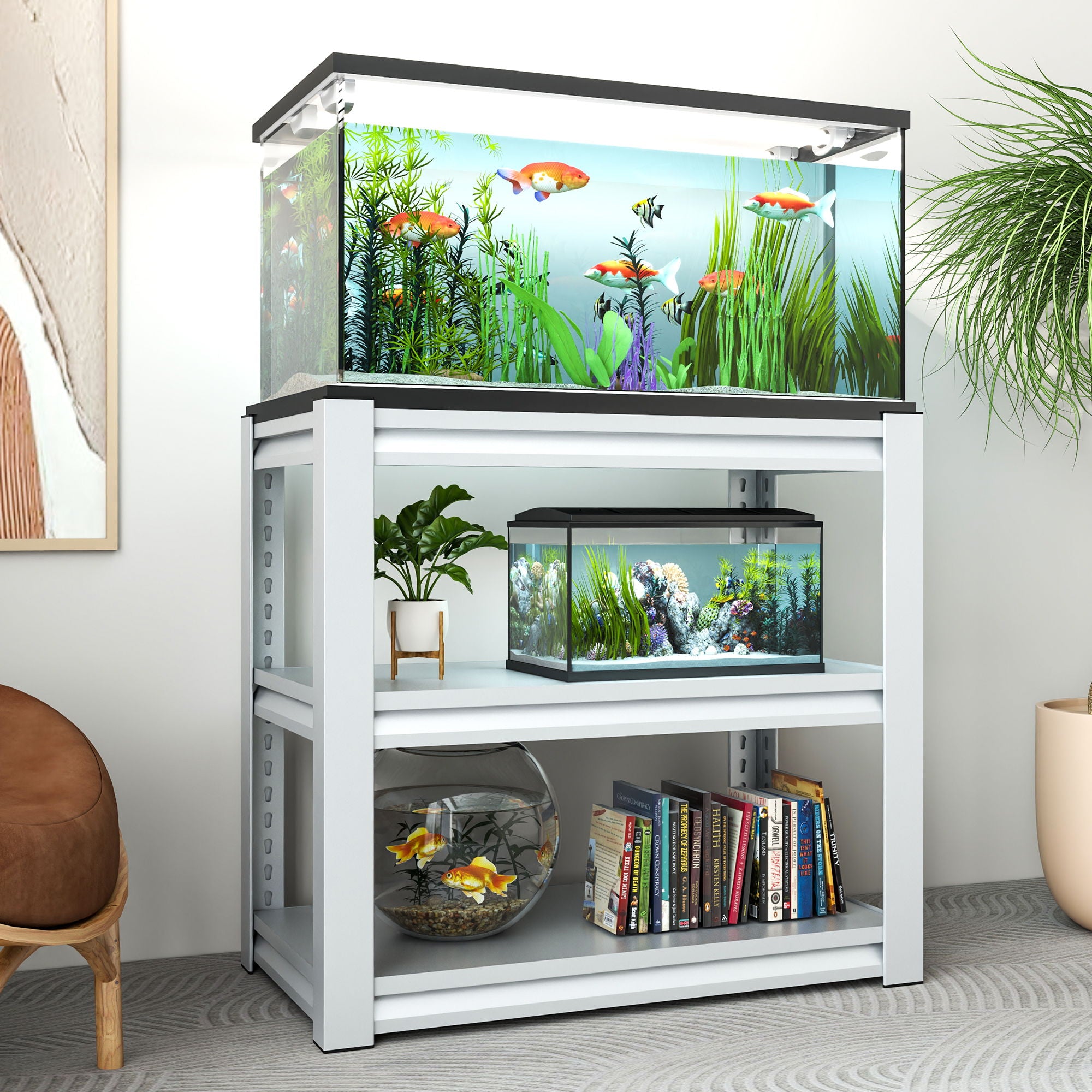 Stylish Metal rium Stand For 20 - 30 Gallon Tanks, 3 Tier Adjustable Shelf