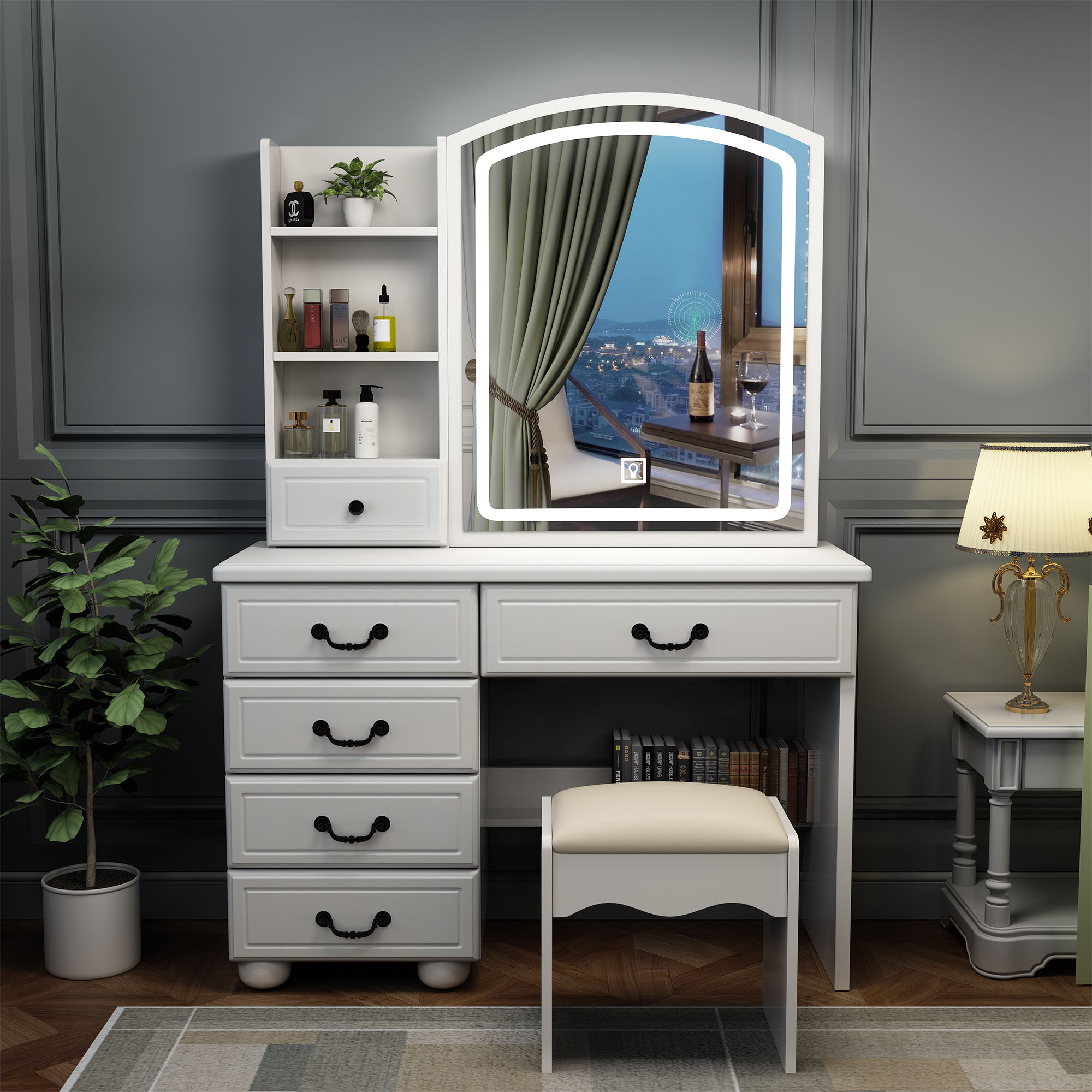 Fashion Vanity Desk With Mirror And Adjustable Lighting, 6 Drawers, 3 Color Light Modes - White