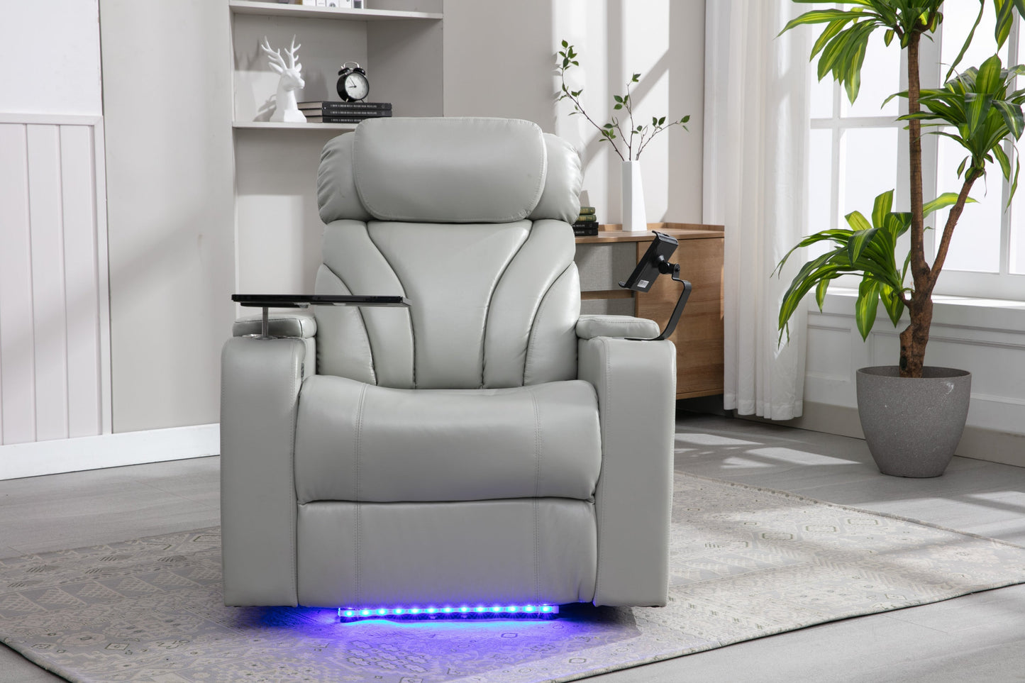 Power Motion Recliner with USB Charging Port and Hidden Arm Storage, Home Theater Seating with Convenient Cup Holder Design ,and stereo(light grey)