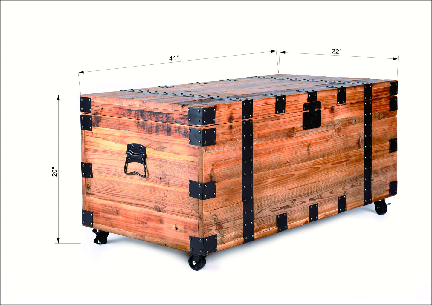 Trunk Table with four wheel Large capacity storage Coffee table, NaturalReclaimed Wood /Black Metal