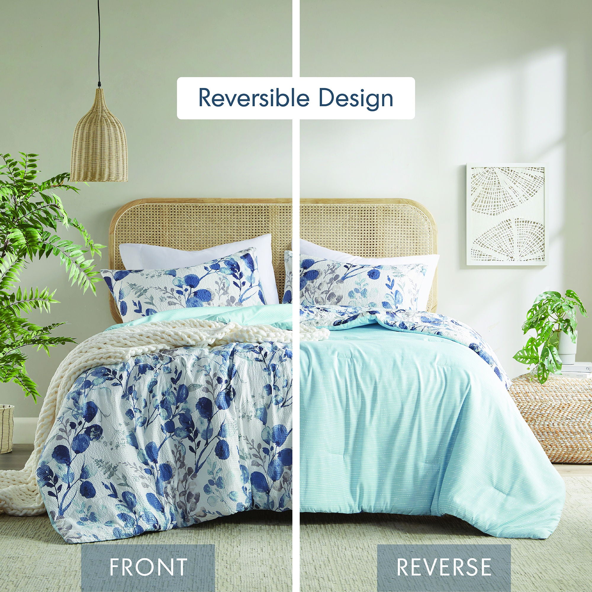 Gabby - Full/Queen Reversible Floral Botanical Seersucker Comforter Set - Navy/Blue