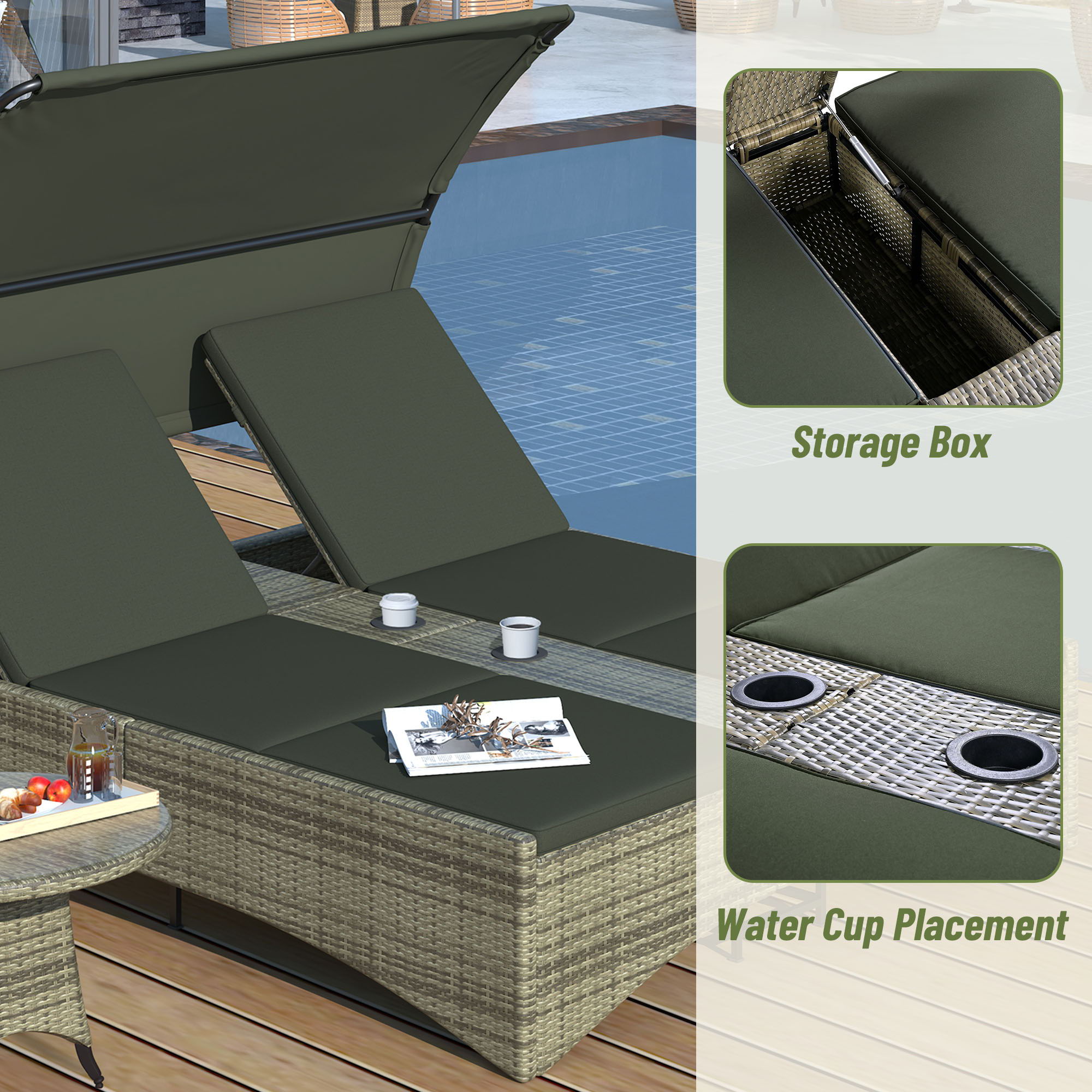 Patio Daybed Outdoor Daybed Sun Lounger With Shelter Roof With Adjustable Backrest, Storage Box And 2 Cup Holders For Patio, Balcony, Poolside