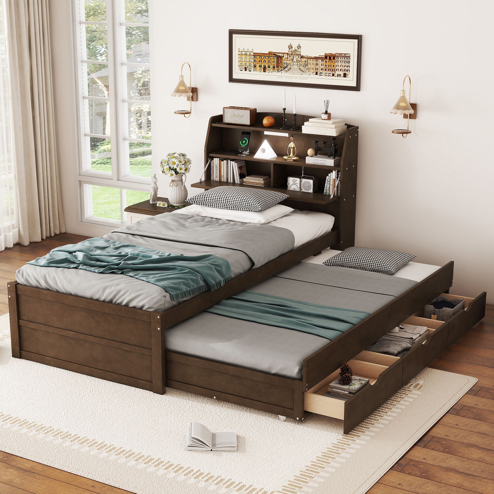 Wooden LED Platform Bed With Trundle, With Storage Headboard, With Drawers