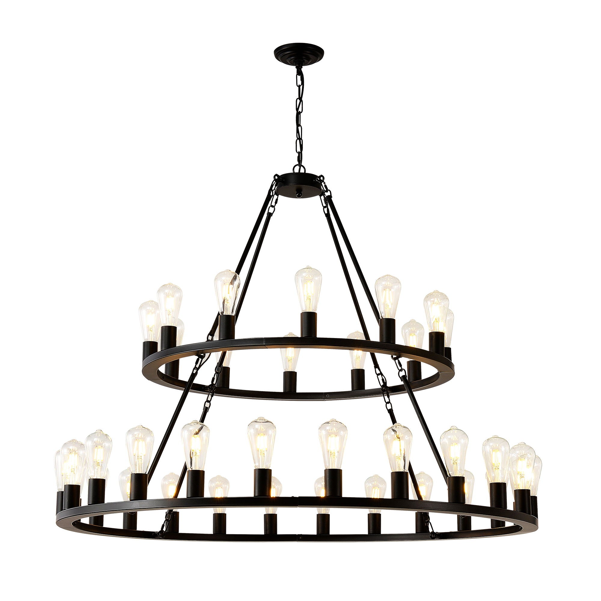 Extra Large Wagon Wheel Chandelier, 2 Tier 36 Lights (No Include) Farmhouse Industrial Round High Ceiling Pendant Light Adjustable Chain, For Dining Room, Living Room, Kitchen - Black