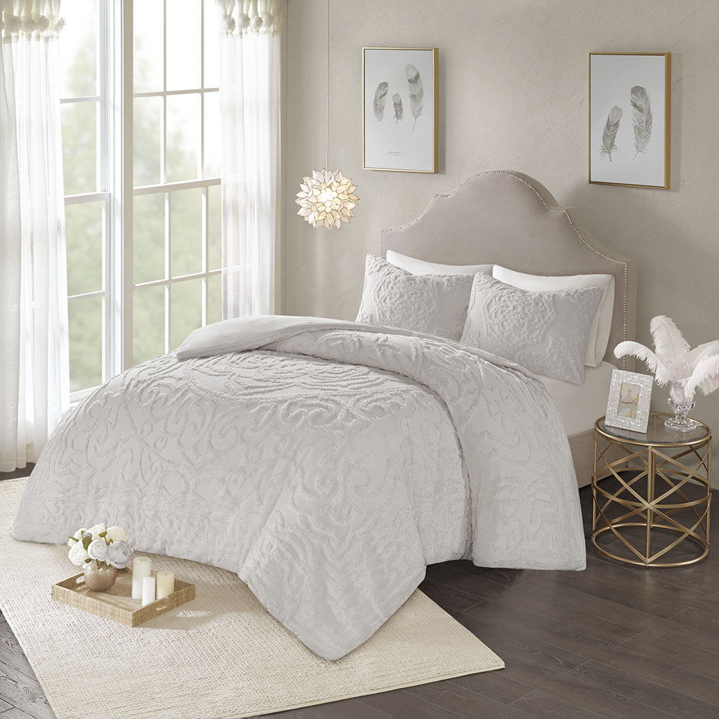 Laetitia - King 3 Piece Tufted Medallion Duvet Cover Set - Gray