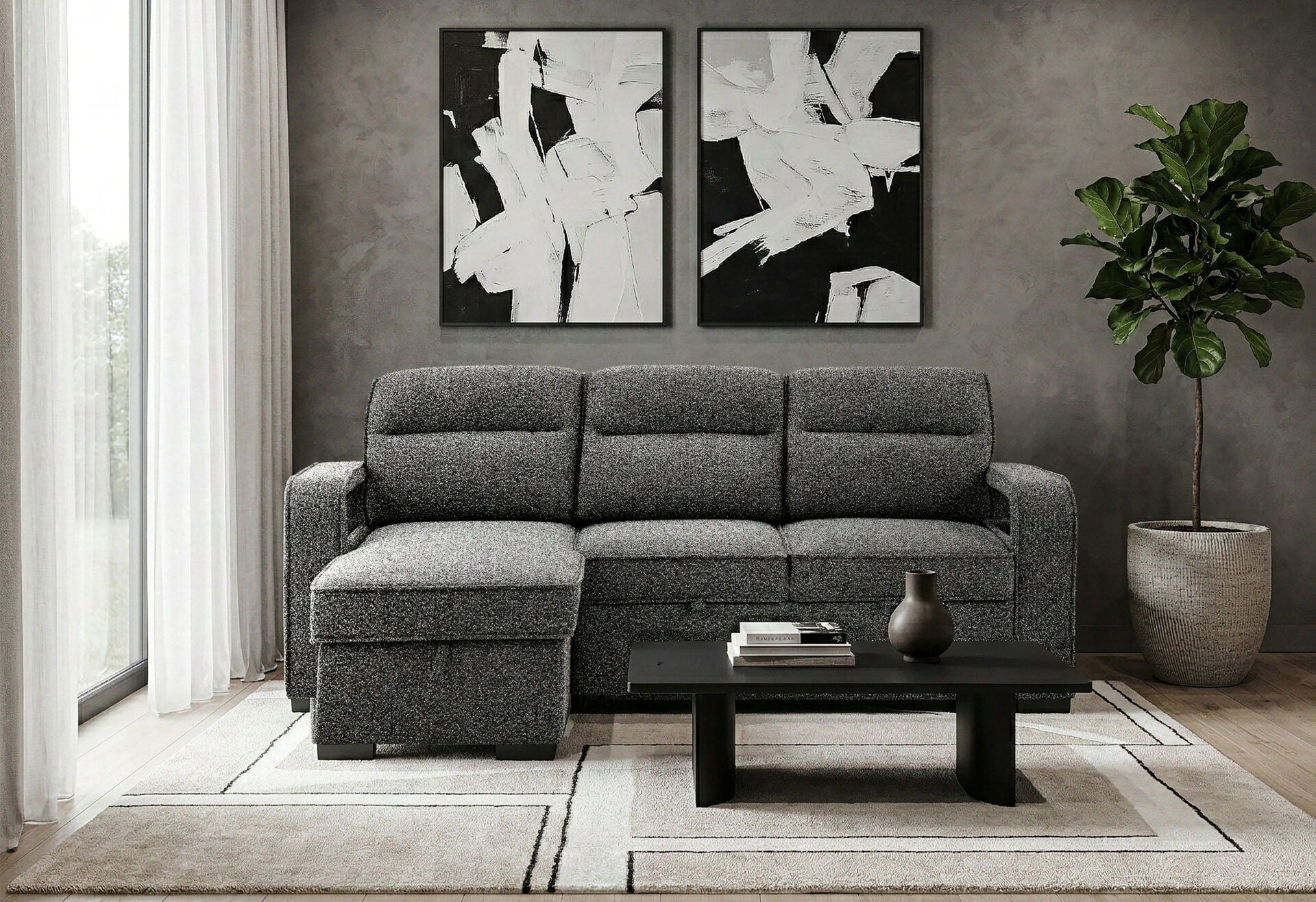U2601 - Sofa Bed Reversible Chaise With Storage, DDT With Speaker - Dark Gray