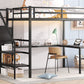 Full Size Loft Bed with L-shaped Desk and USB, Metal Loft Bed with Wardrobe and Adjustable Shelf, High Loft Bed with LED for Kids Teens Adults, Black