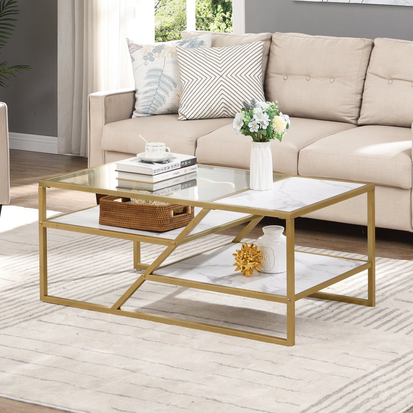 Golden Coffee Table with Storage Shelf, Tempered Glass Coffee Table with Metal Frame for Living Room&Bedroom