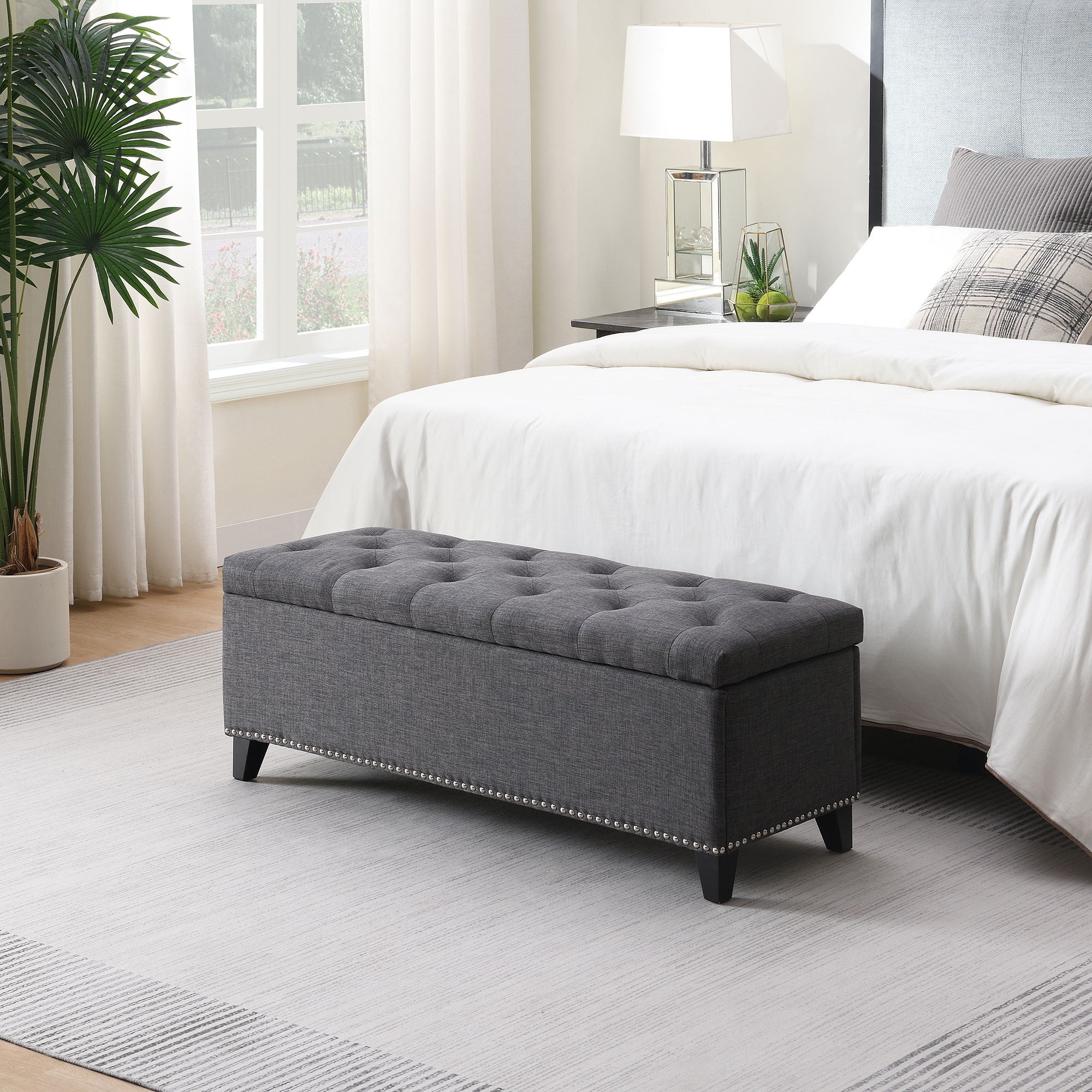 Button-Tufted Storage Ottoman With Safety Close Hinge