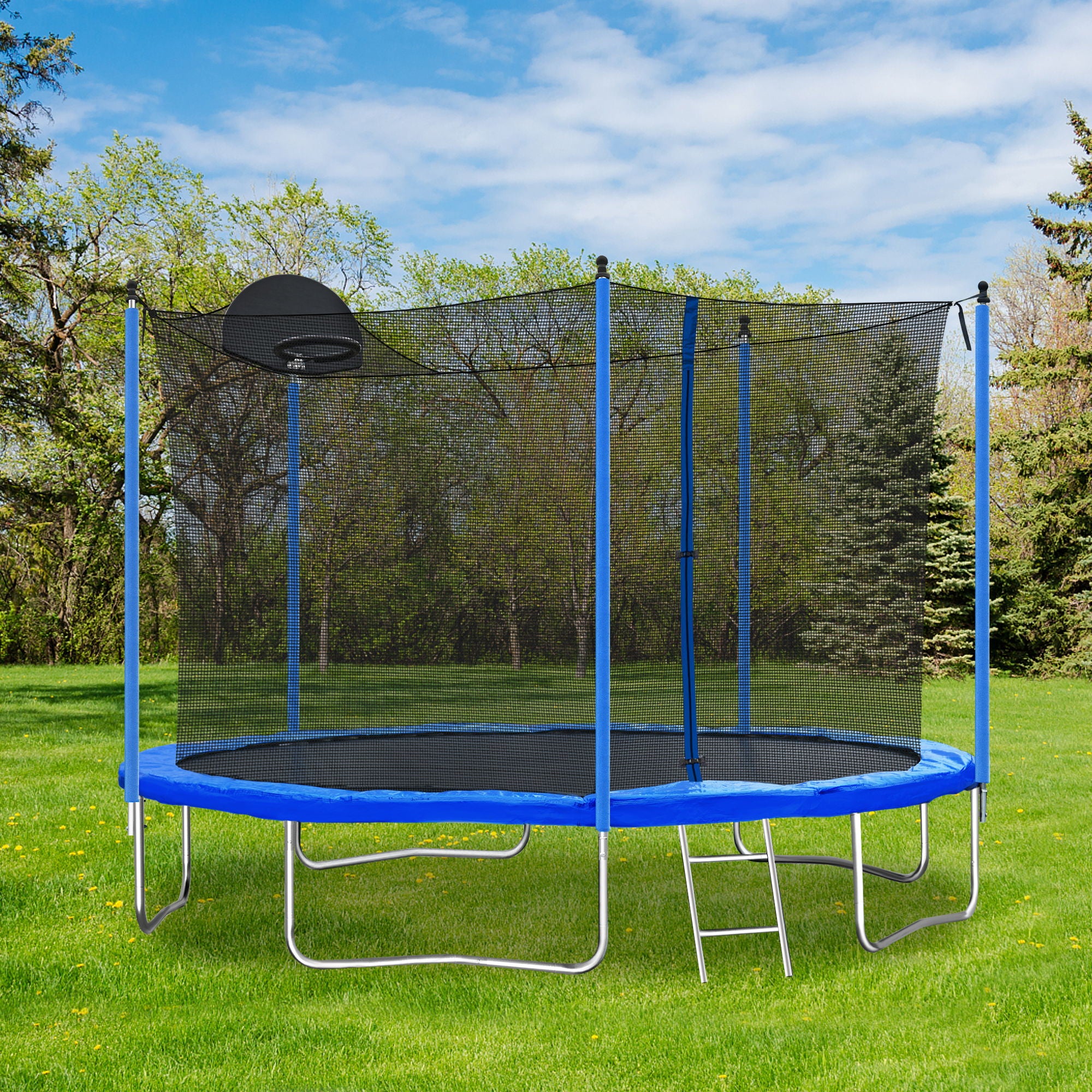 12Ft Trampoline For Adults & Kids With Basketball Hoop, Outdoor Trampolines With Ladder And Safety Enclosure Net For Kids And Adults - Blue