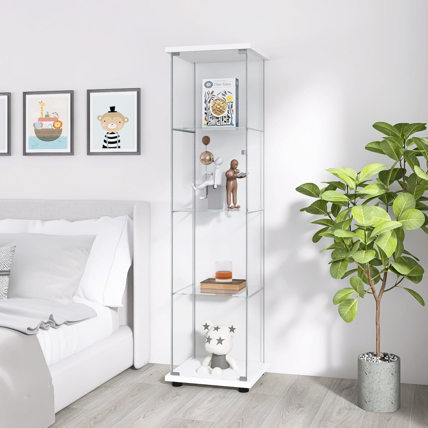 Glass Cabinet-b      Glass Display Cabinet 4 Shelves with Door, Floor Standing Curio Bookshelf for Living Room Bedroom Office, 64.7"*16.7"*14.3", White