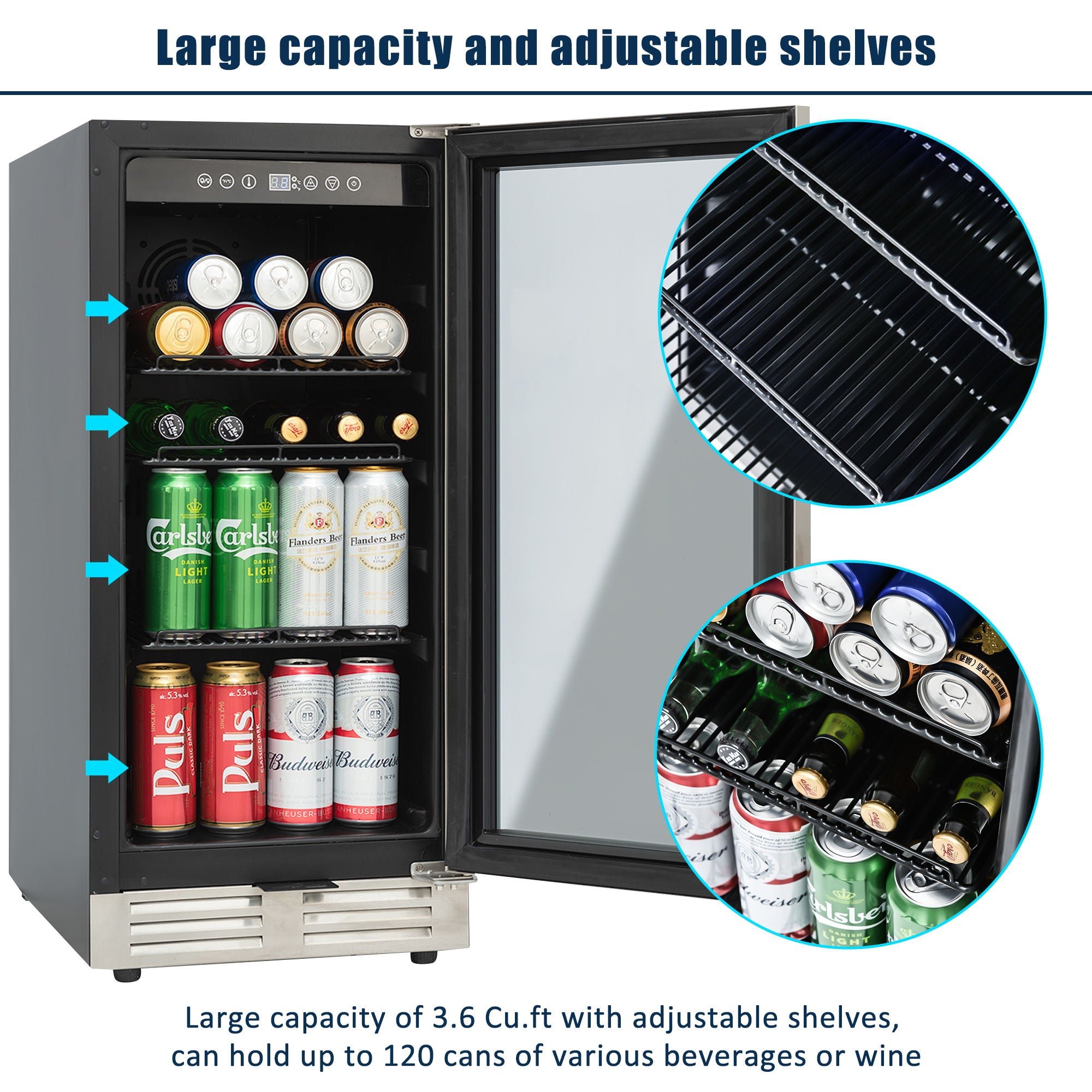 Built-In And Freestanding Mini Beverage Refrigerator / Wine Cabinet, 120 Cans, 37-65°F, Quiet, Adjustable Shelves, LED Lighting, Etl, Touch Controls, Defrost, Double Glass Door - Black / Silver