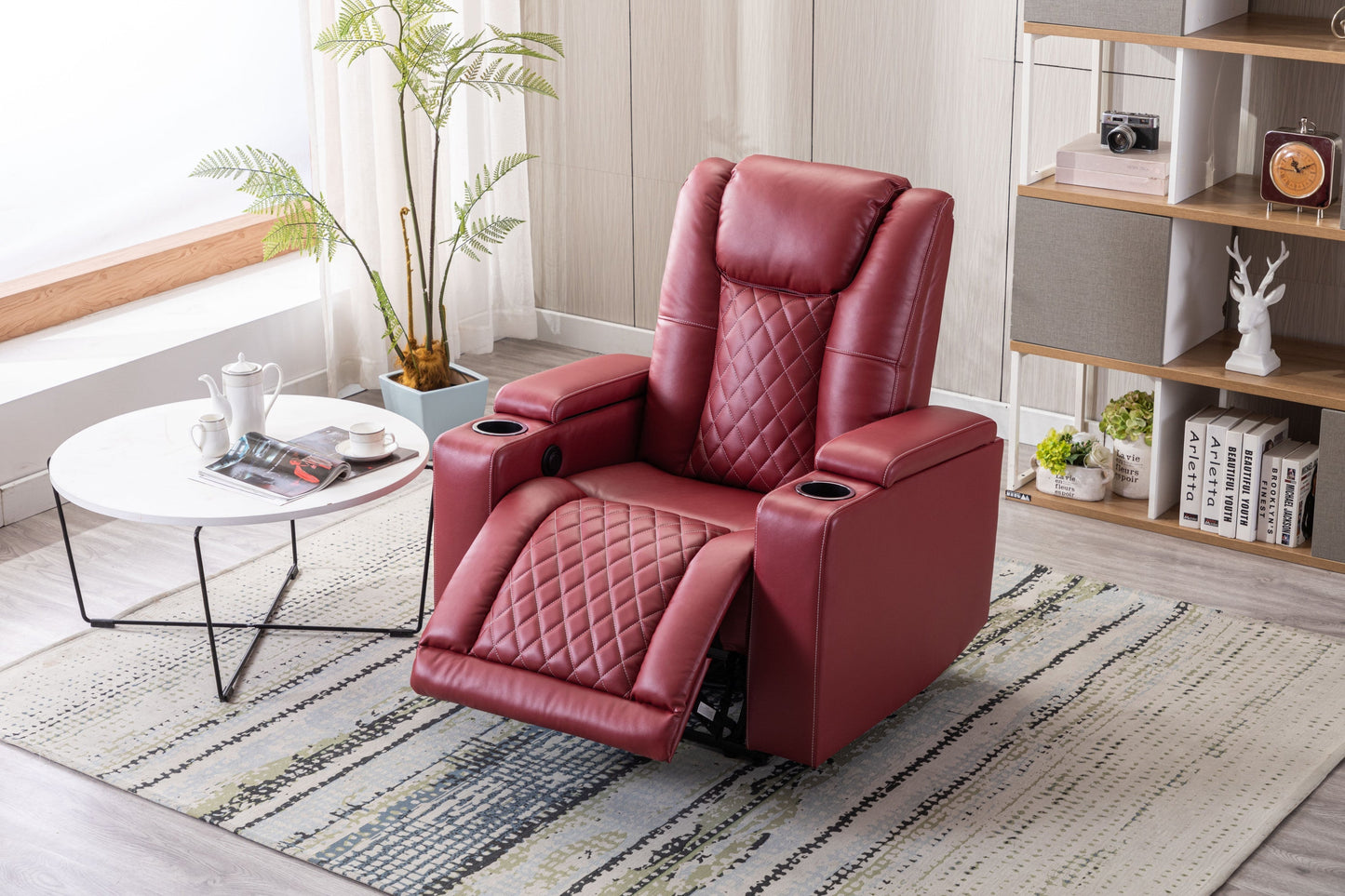 PU Material With Cup Hold Storage USB Recliner,Red