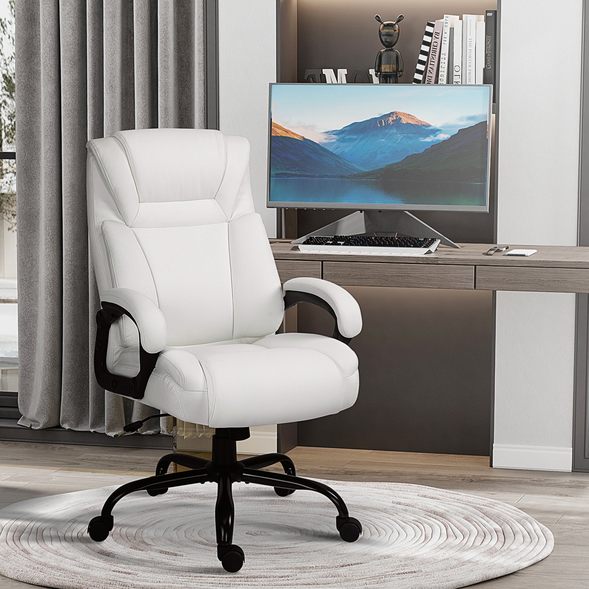 Big and Tall 400lbs Executive Office Chair with Wide Seat, Computer Desk Chair with High Back PU Leather Ergonomic Upholstery, Adjustable Height and Swivel Wheels, White