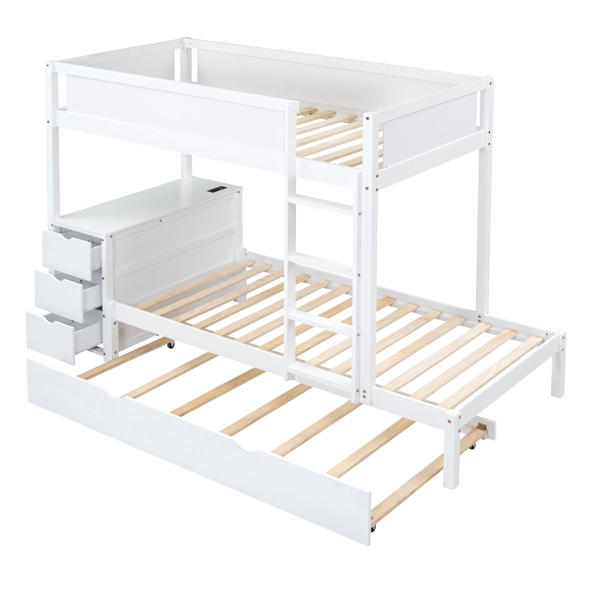 Twin-Over-Twin Bunk Bed with Twin size Trundle, Storage and Desk, White