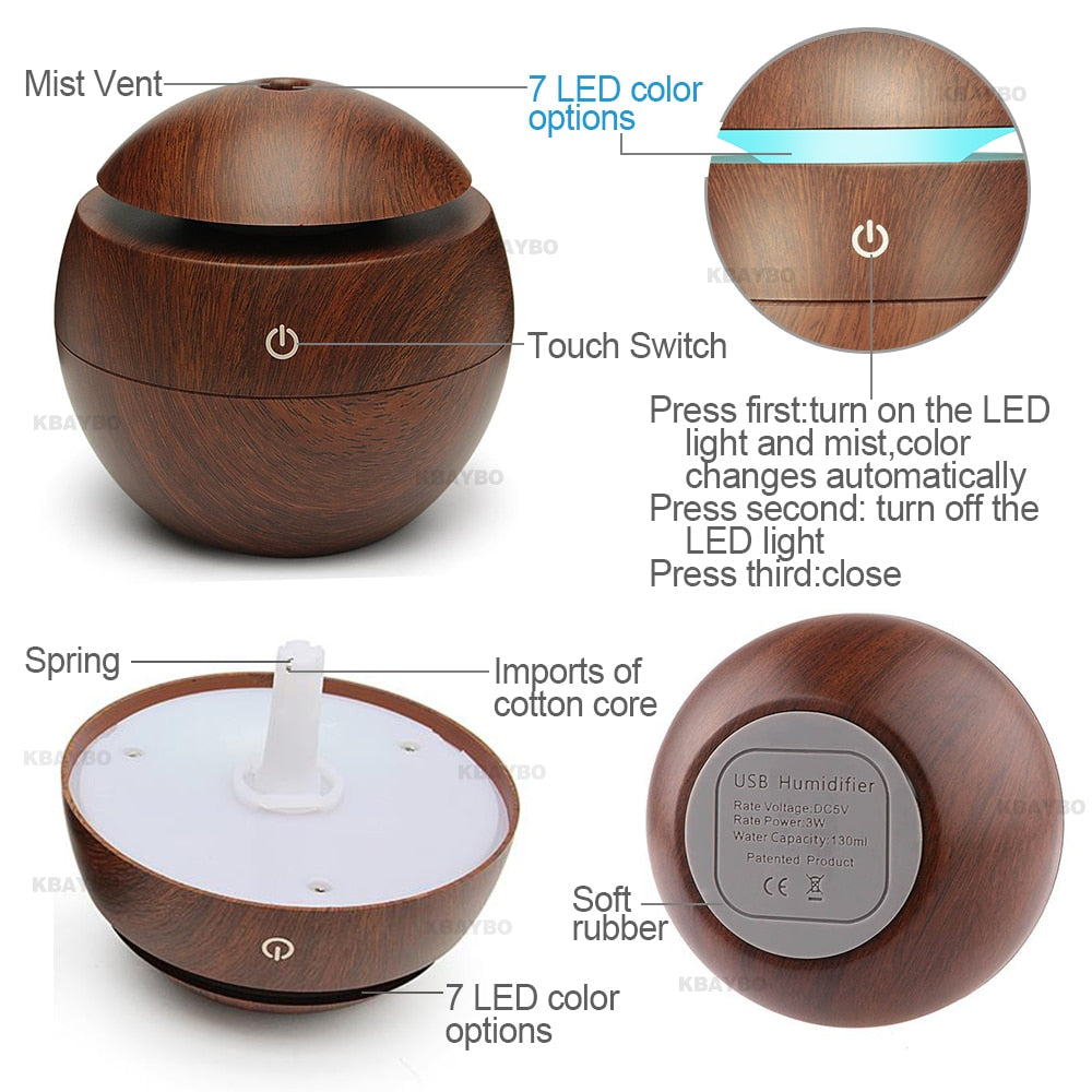 USB Aroma Essential Oil Diffuser Ultrasonic Cool Mist Humidifier Air Purifier 7 Color Change LED Night light for Office Home