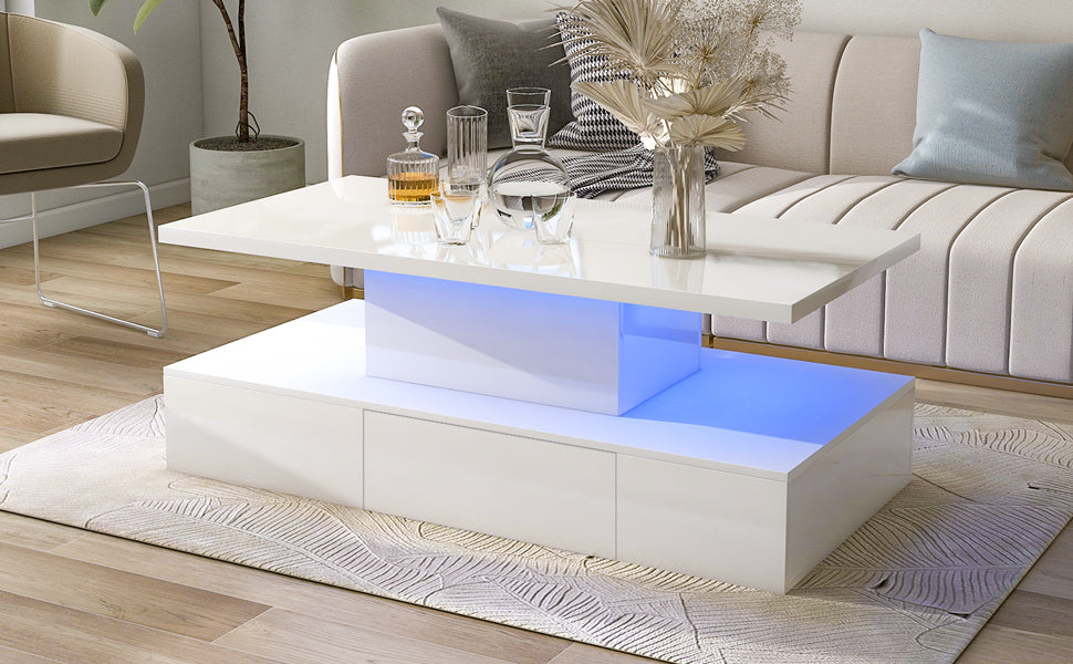 Modern Glossy Coffee Table With Drawer, 2-Tier Rectangle Center Table with LED lighting for Living room, 39.3''x19.6''x15.3'', White