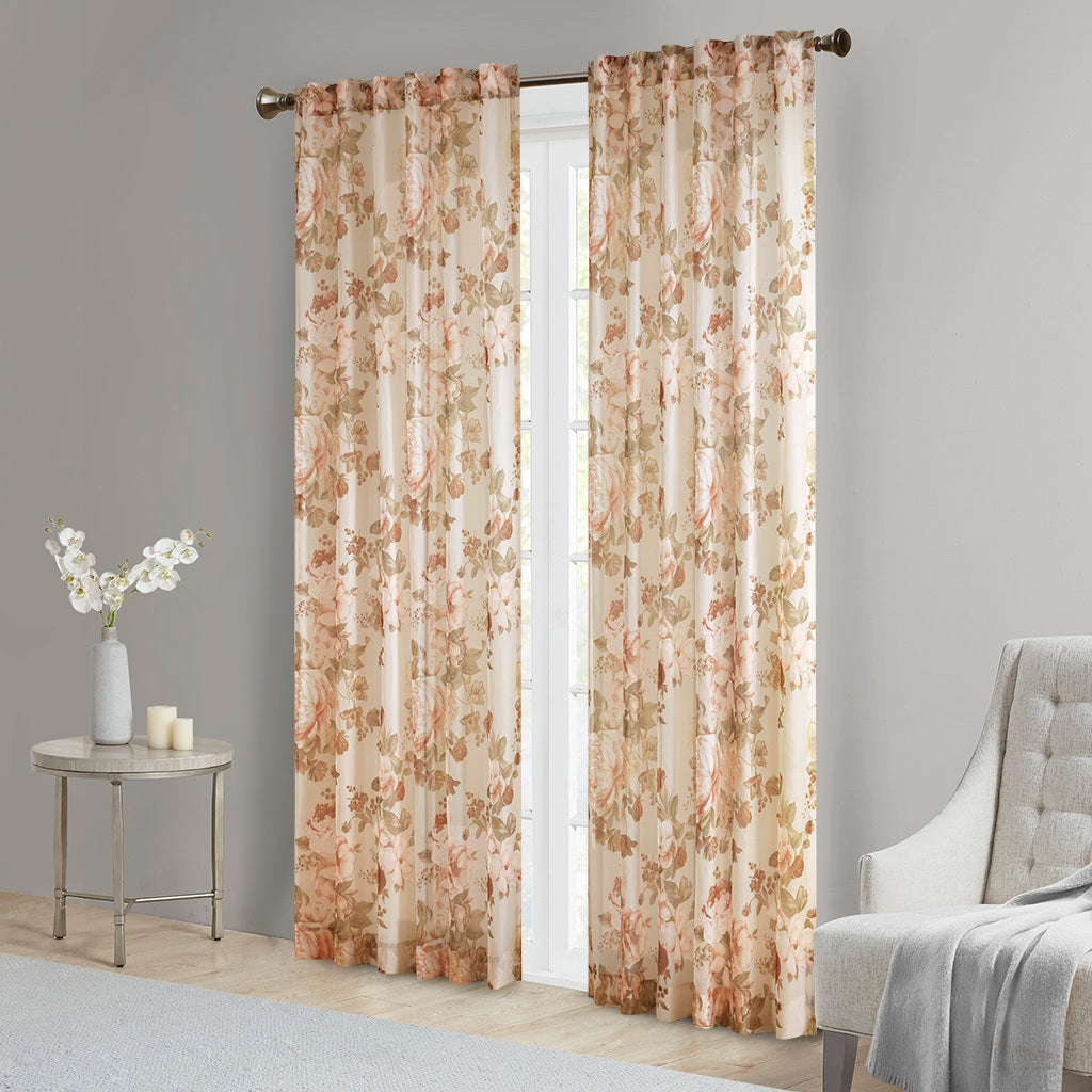 Printed Floral Rod Pocket and Back Tab Voile Sheer Curtain