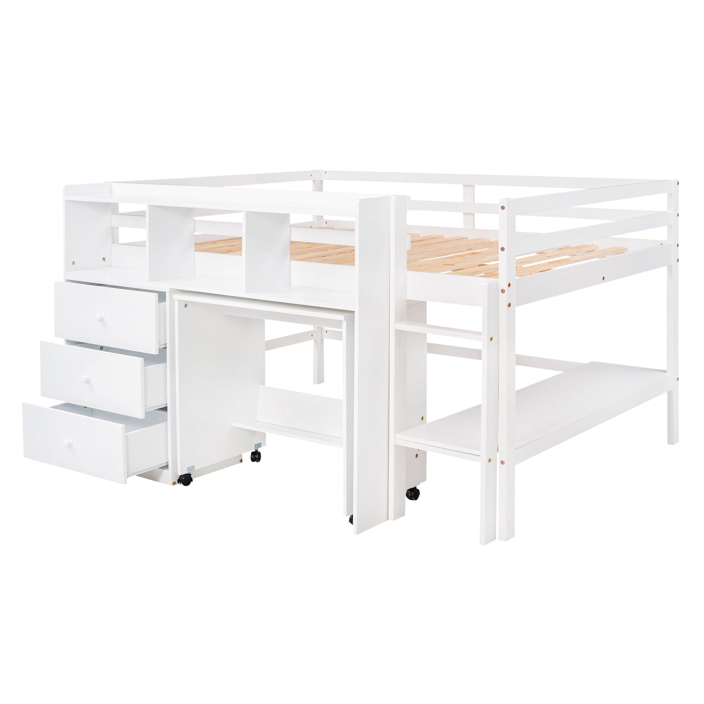 Full Size Low Loft Bed with Rolling Portable Desk, Drawers and Shelves, White(Old SKU: GX000711AAK)