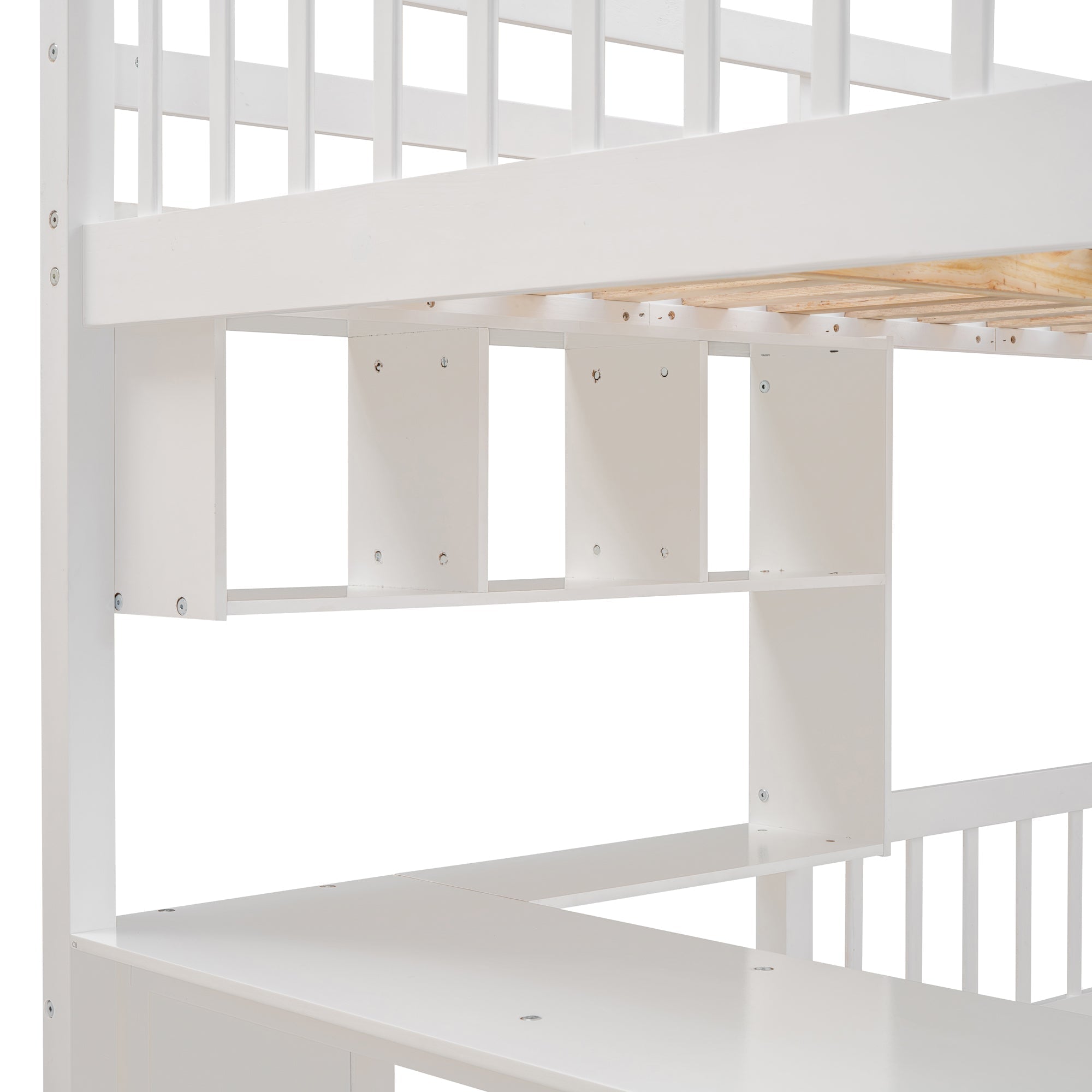 Full Over Twin Bunk Bed with Desk, Drawers and Shelves, White