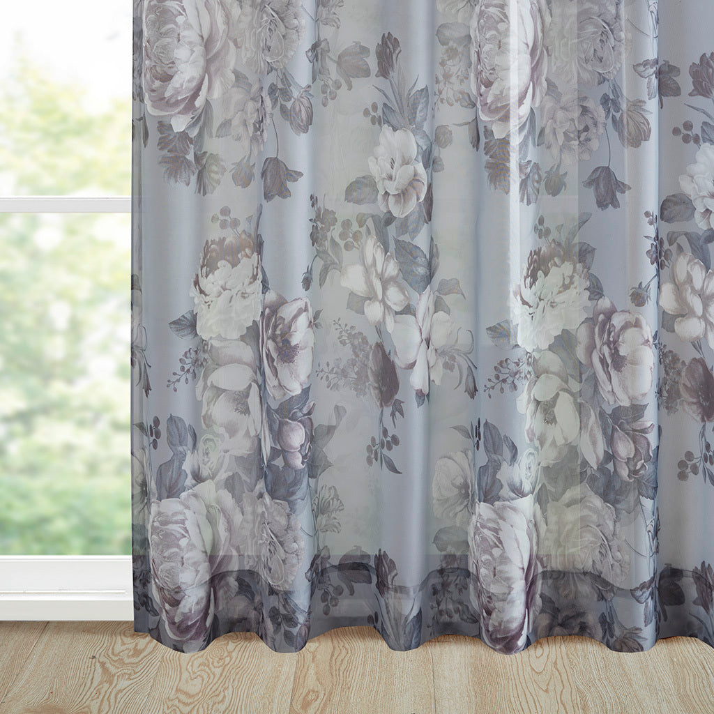 Printed Floral Rod Pocket and Back Tab Voile Sheer Curtain