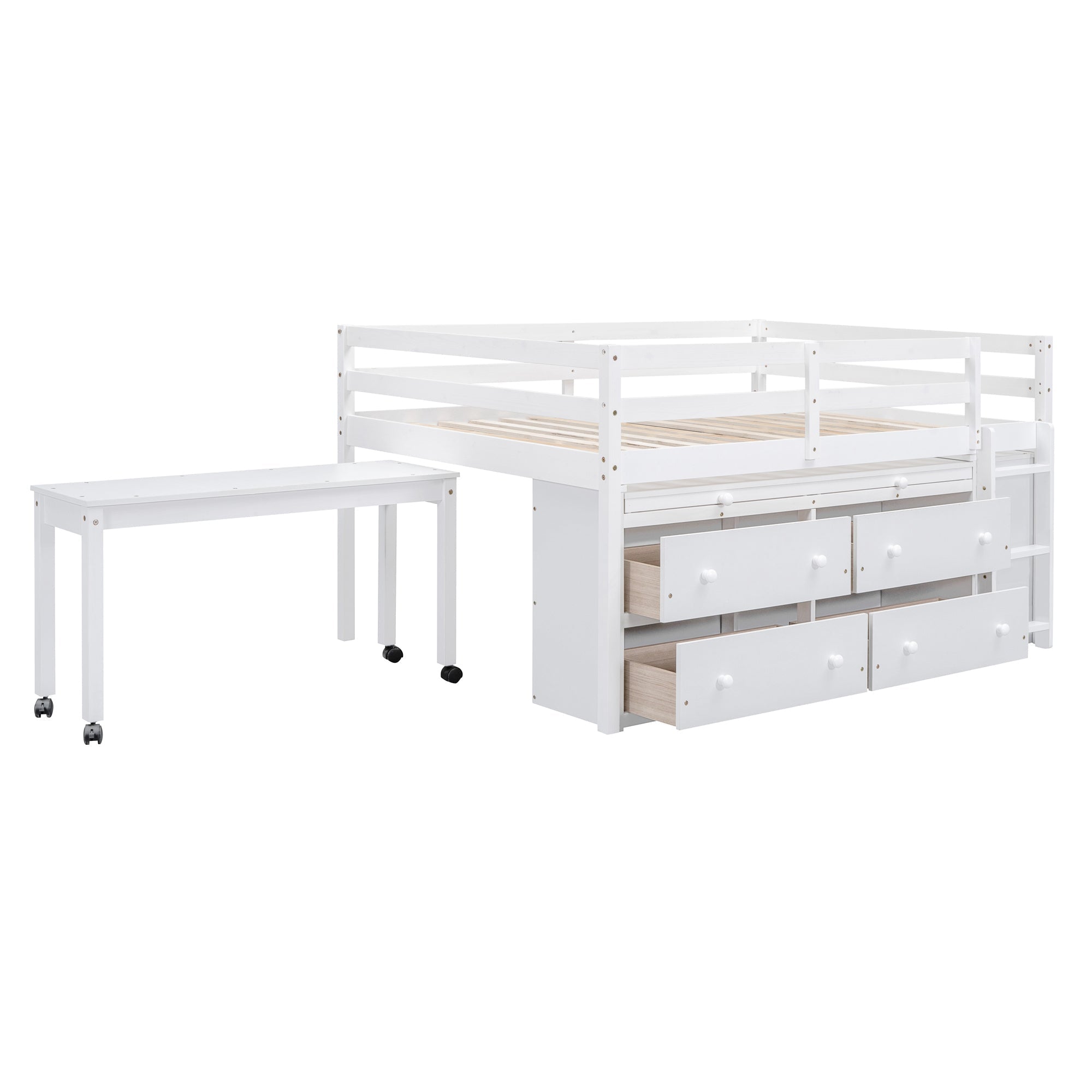 Full Size Loft Bed with Retractable Writing Desk and 4 Drawers, Wooden Loft Bed with Lateral Portable Desk and Shelves, White