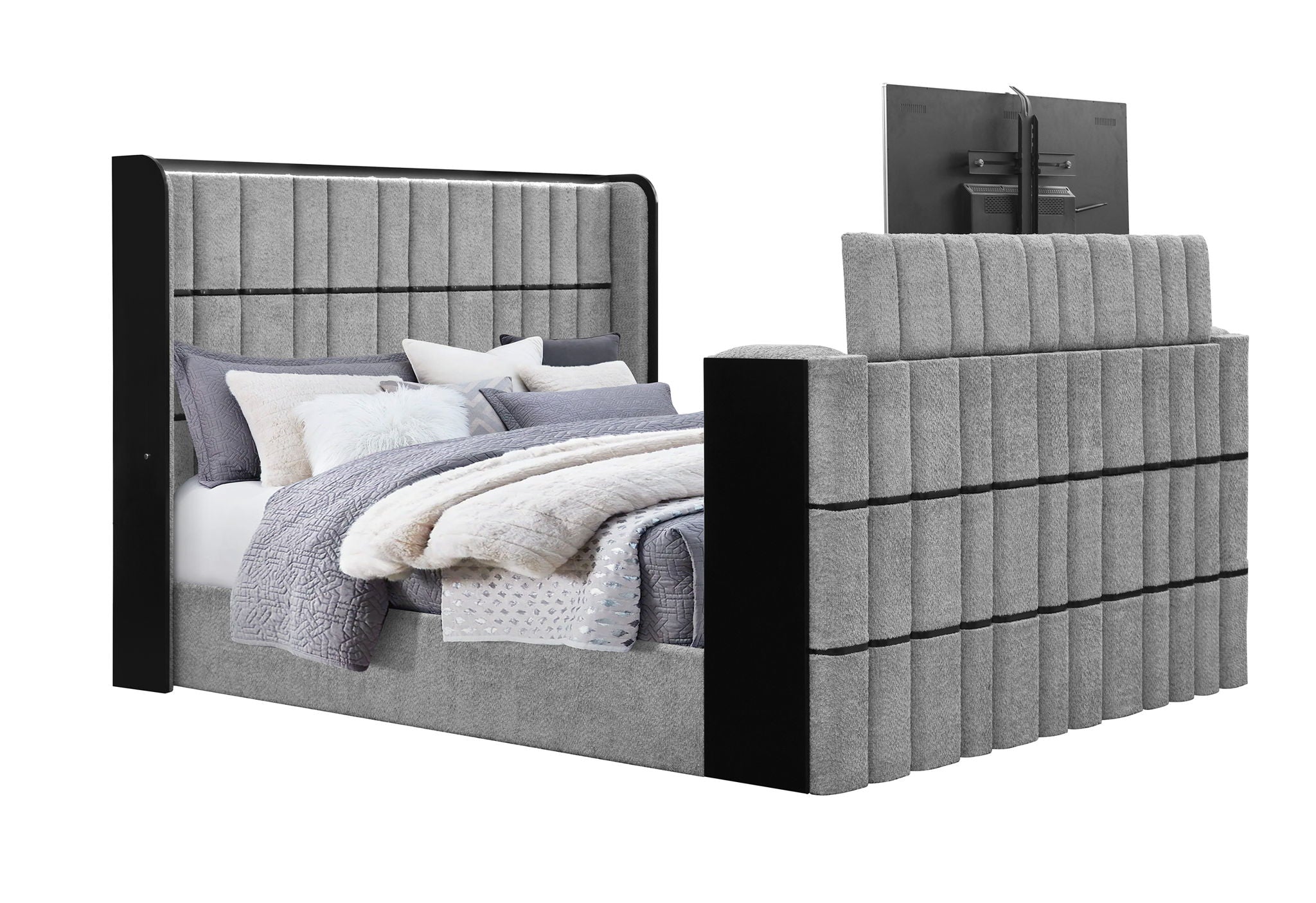 Isabella - King Bed Footboard With 50" TV Lift, EU And Bluetooth Speaker - Gray