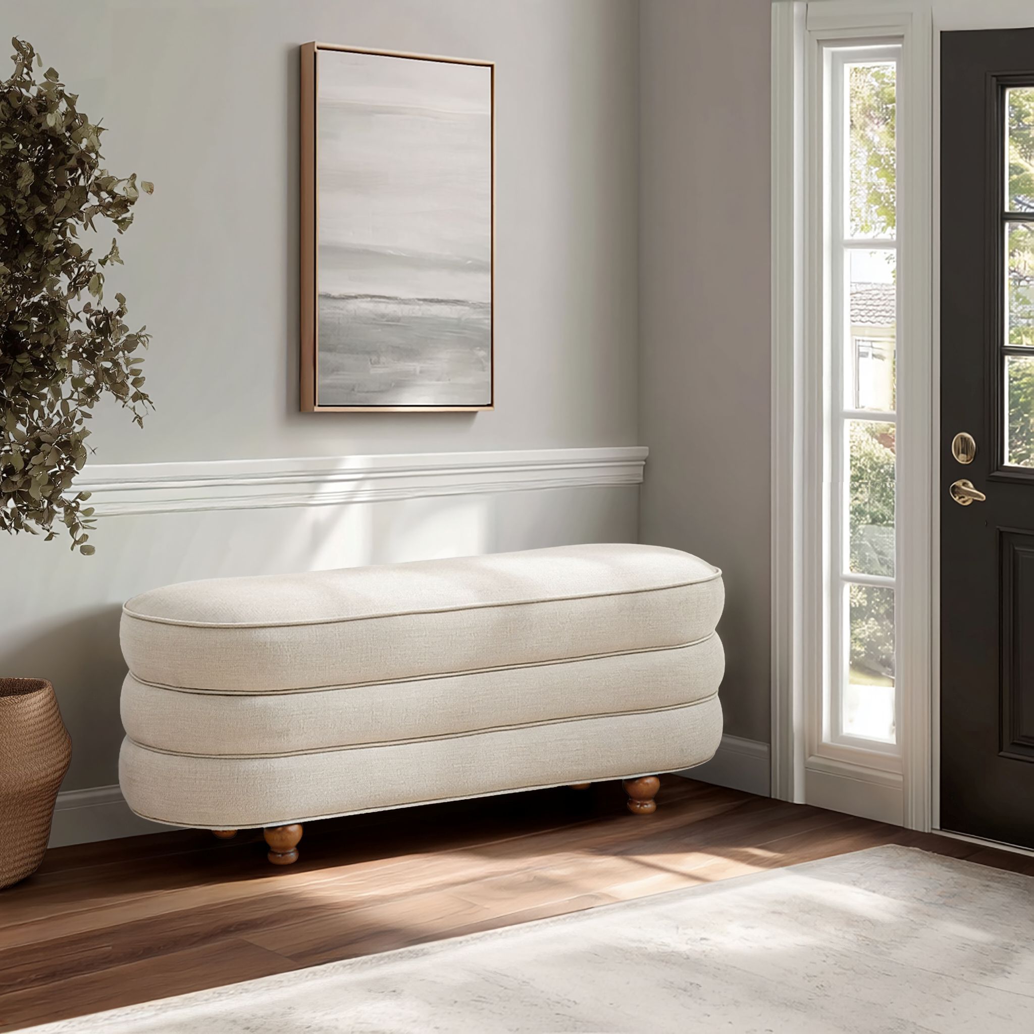 Kylan - Oval Channel Storage Bench With Wooden Ball Feet - Cream