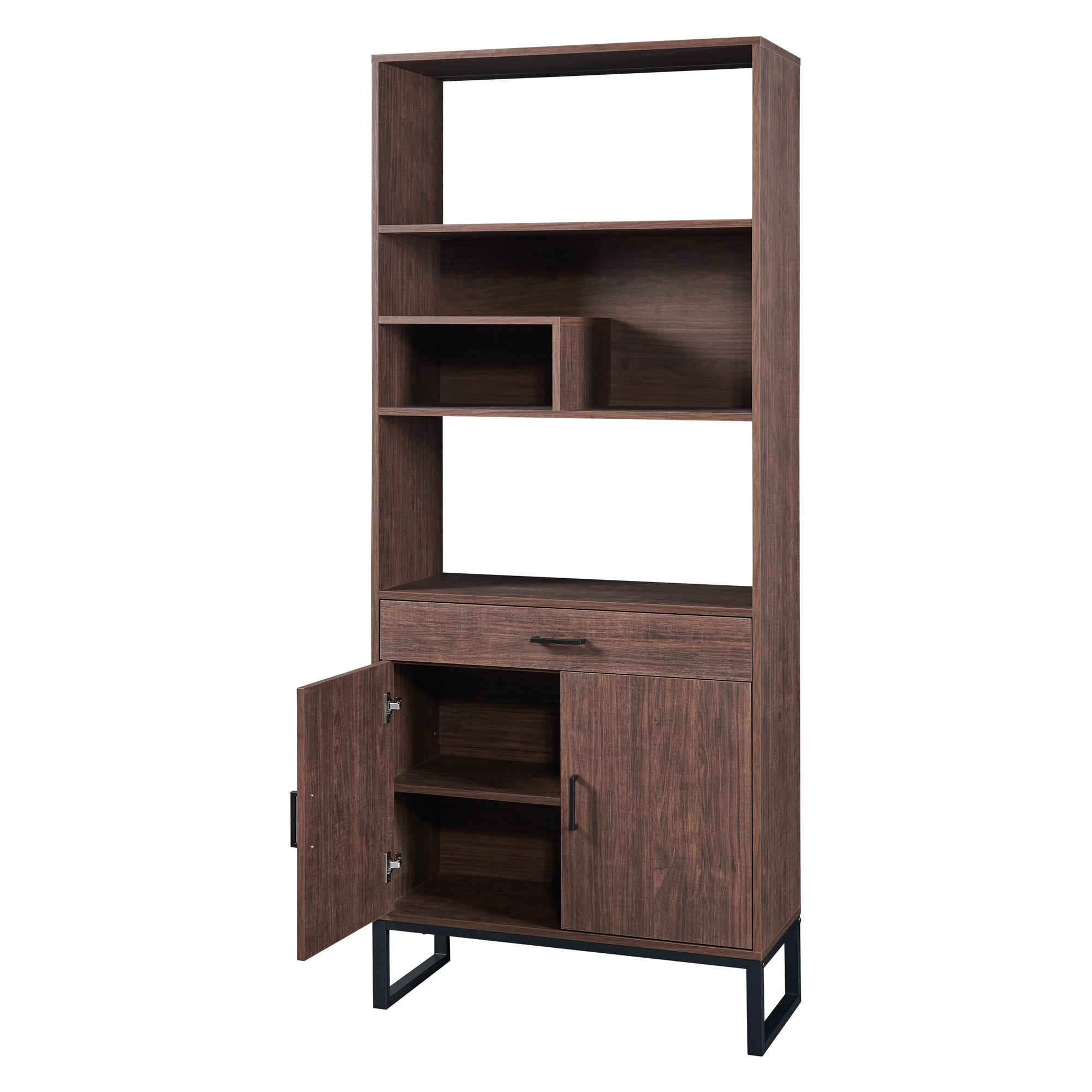 75.9"Modern Open Bookshelf with Doors, Bookcase with Storage drawer and LED Strip Lights,Free Standing Display Rack,Wooden Tall Bookshelf for Living Room and Office, Walnut