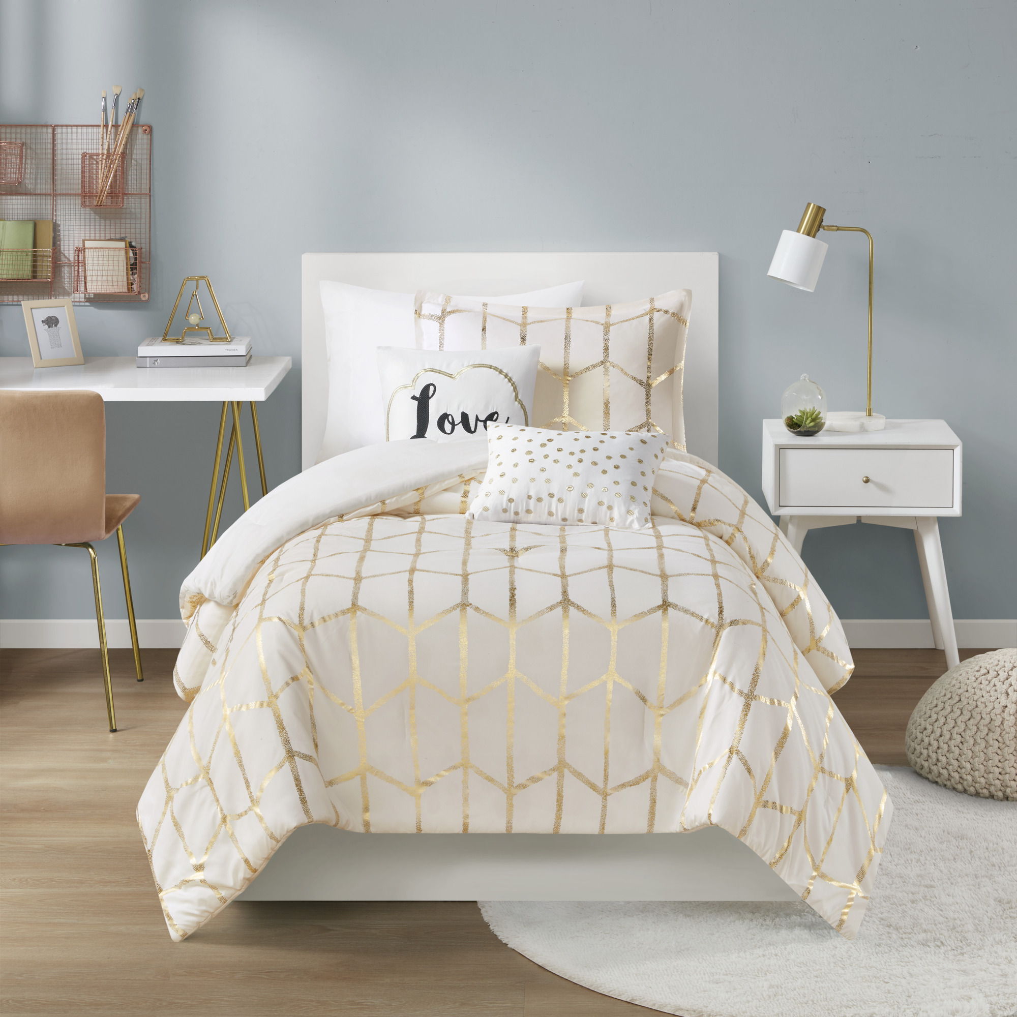 Raina - Brushed Microfiber Printed Comforter Set - Ivory / Gold